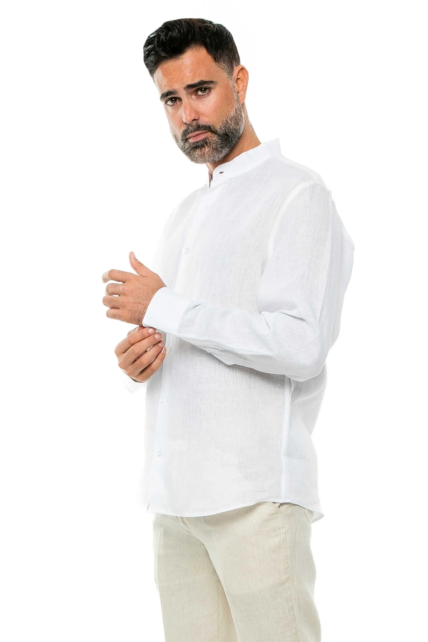 Men's 100% Linen Mandarin Collar Long Sleeve Shirt - Image 19
