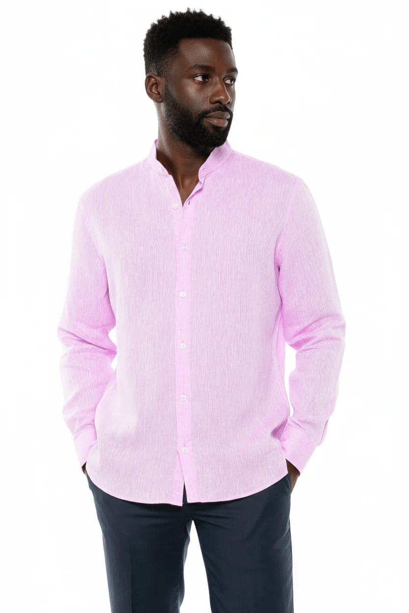 Men's 100% Linen Mandarin Collar Long Sleeve Shirt - Image 2