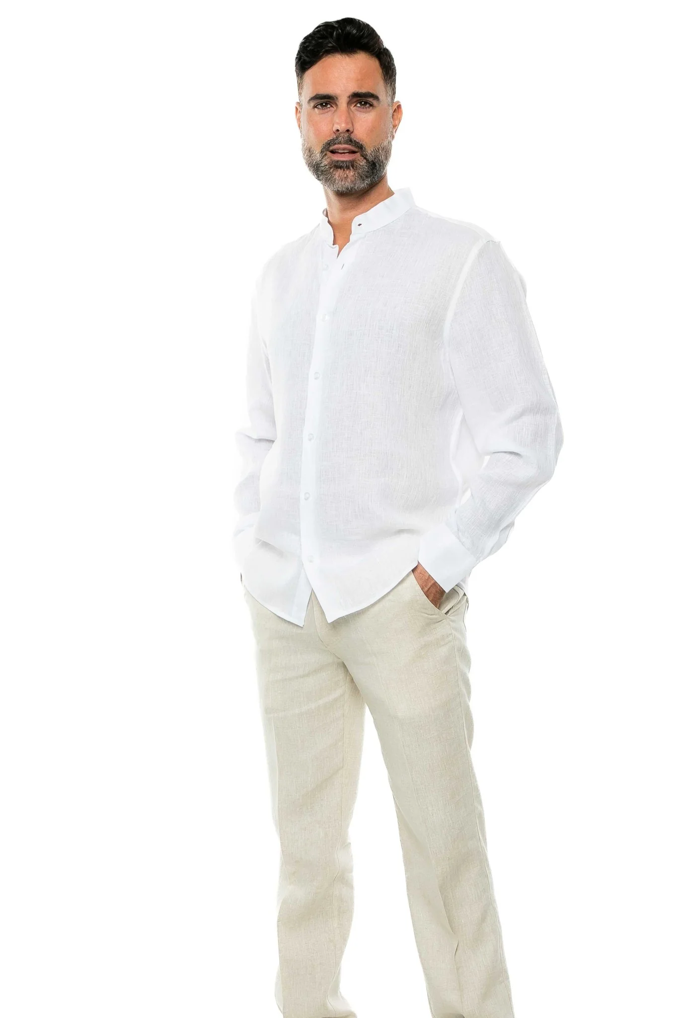 Men's 100% Linen Mandarin Collar Long Sleeve Shirt - Image 20