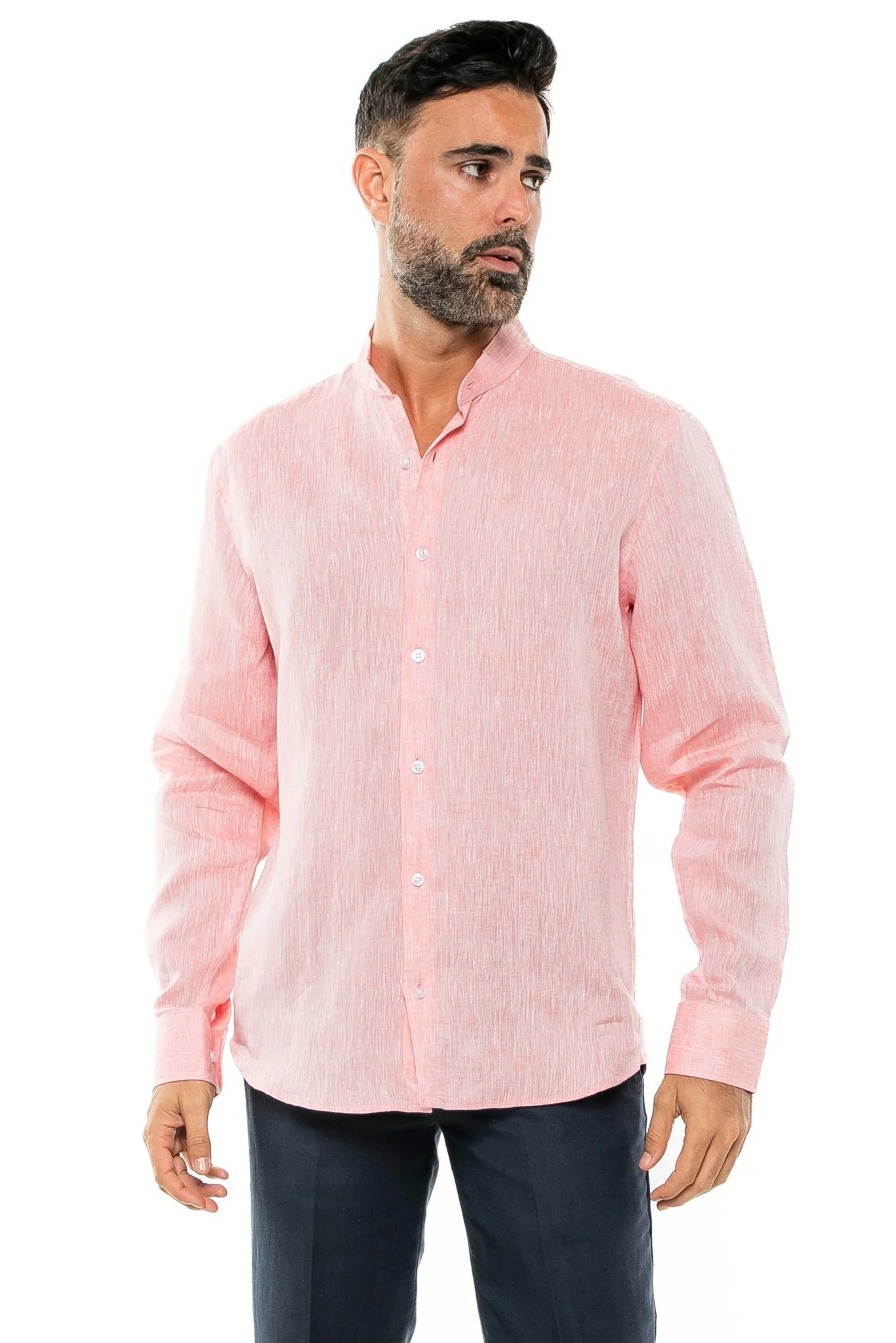 Men's 100% Linen Mandarin Collar Long Sleeve Shirt - Image 21