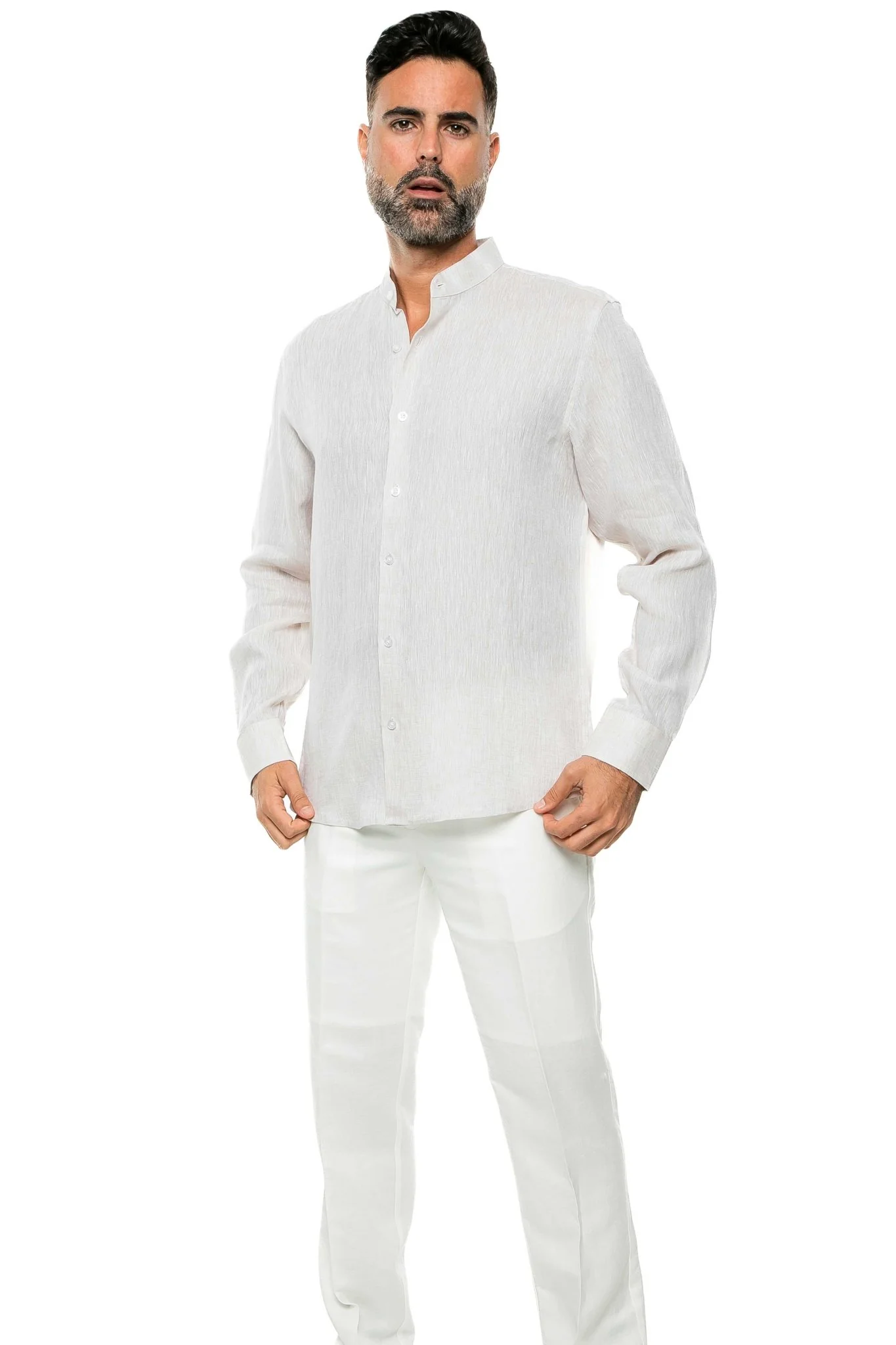 Men's 100% Linen Mandarin Collar Long Sleeve Shirt - Image 22
