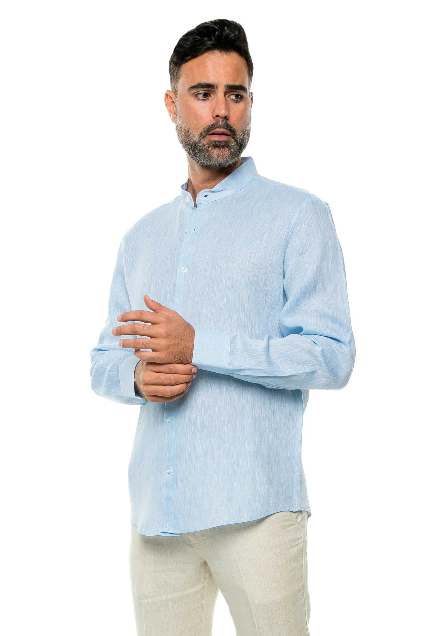 Men's 100% Linen Mandarin Collar Long Sleeve Shirt - Image 24