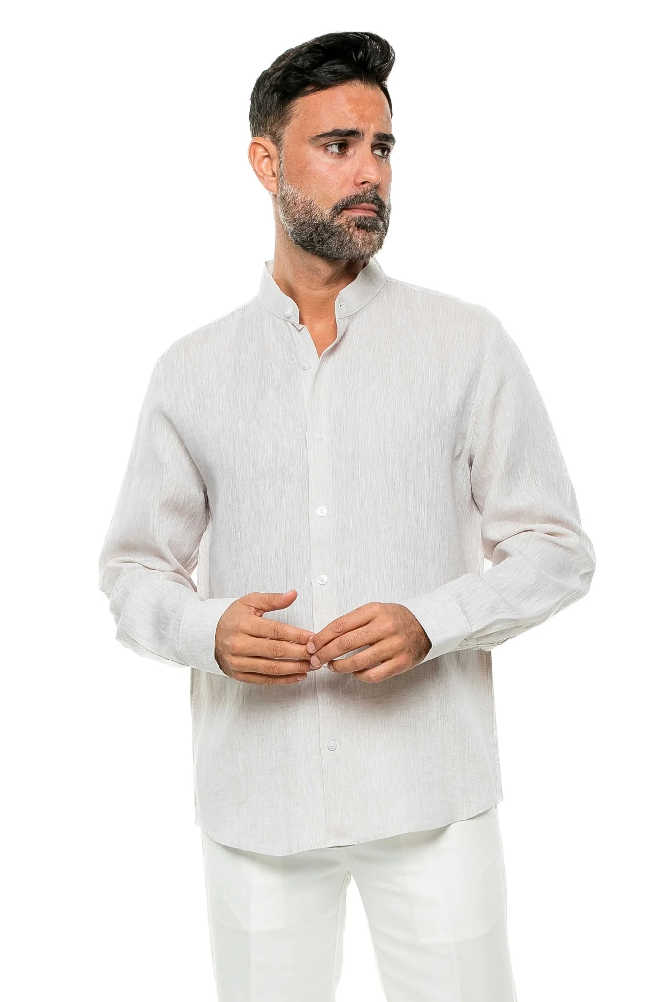 Men's 100% Linen Mandarin Collar Long Sleeve Shirt - Image 26