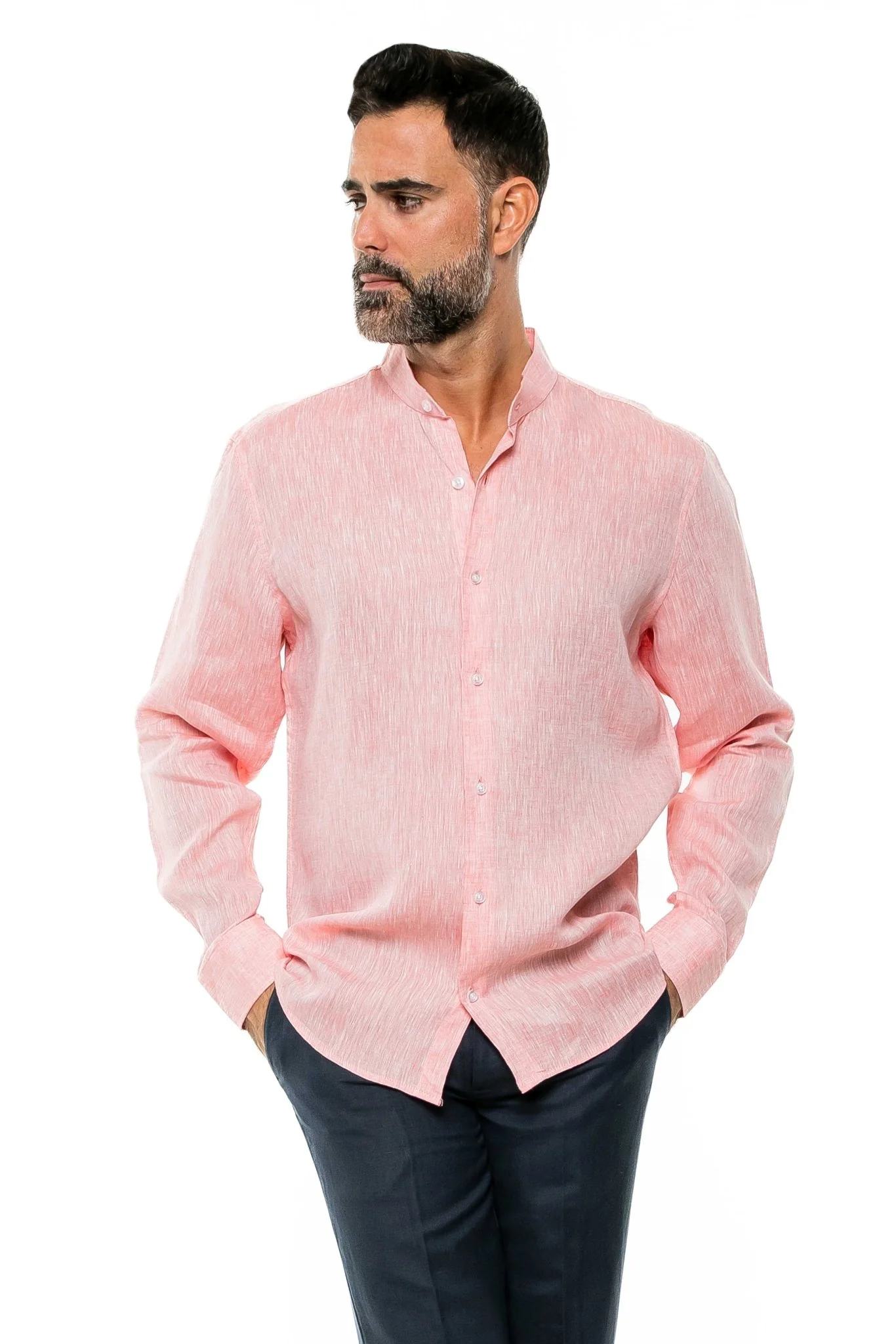 Men's 100% Linen Mandarin Collar Long Sleeve Shirt - Image 27