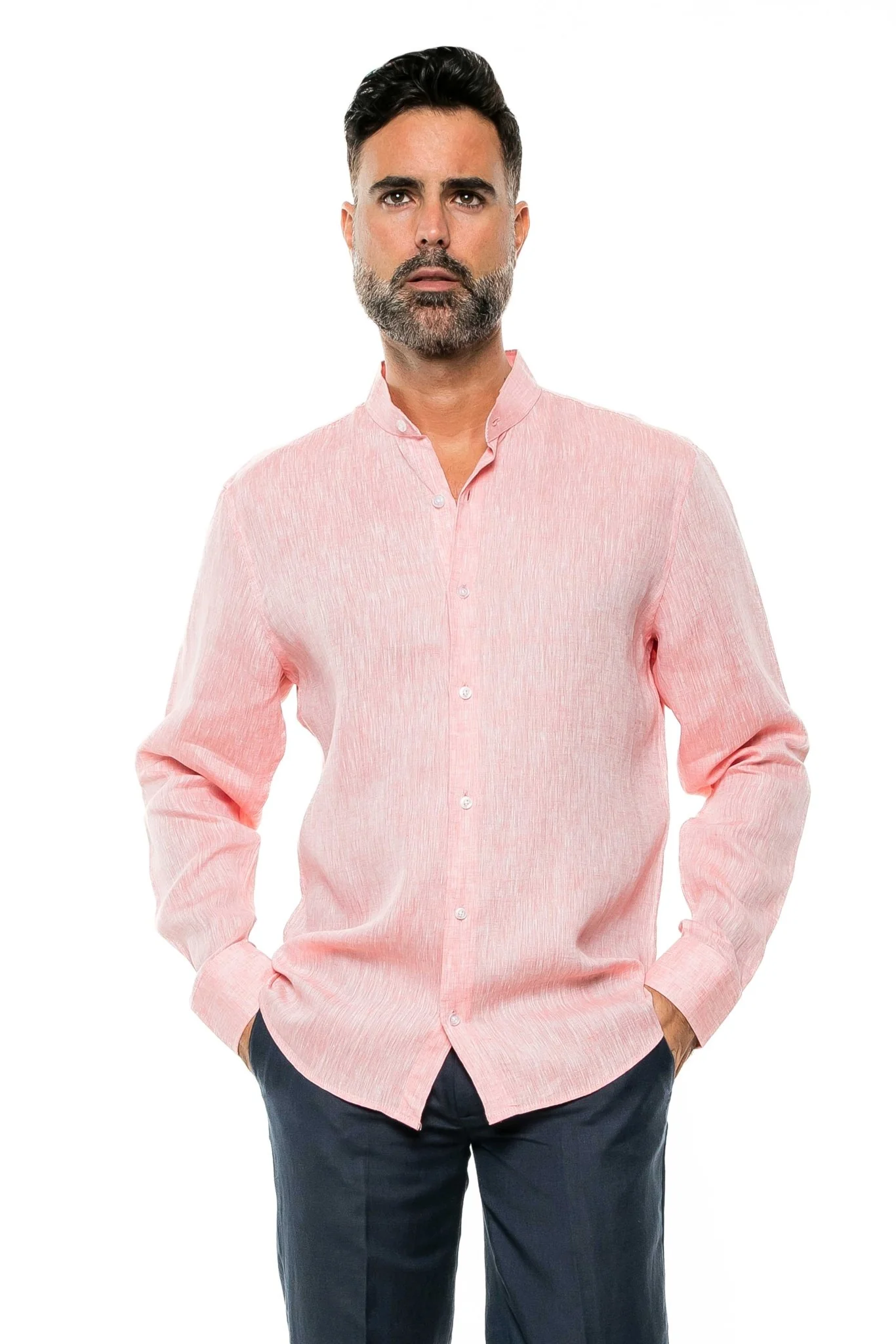 Men's 100% Linen Mandarin Collar Long Sleeve Shirt - Image 28