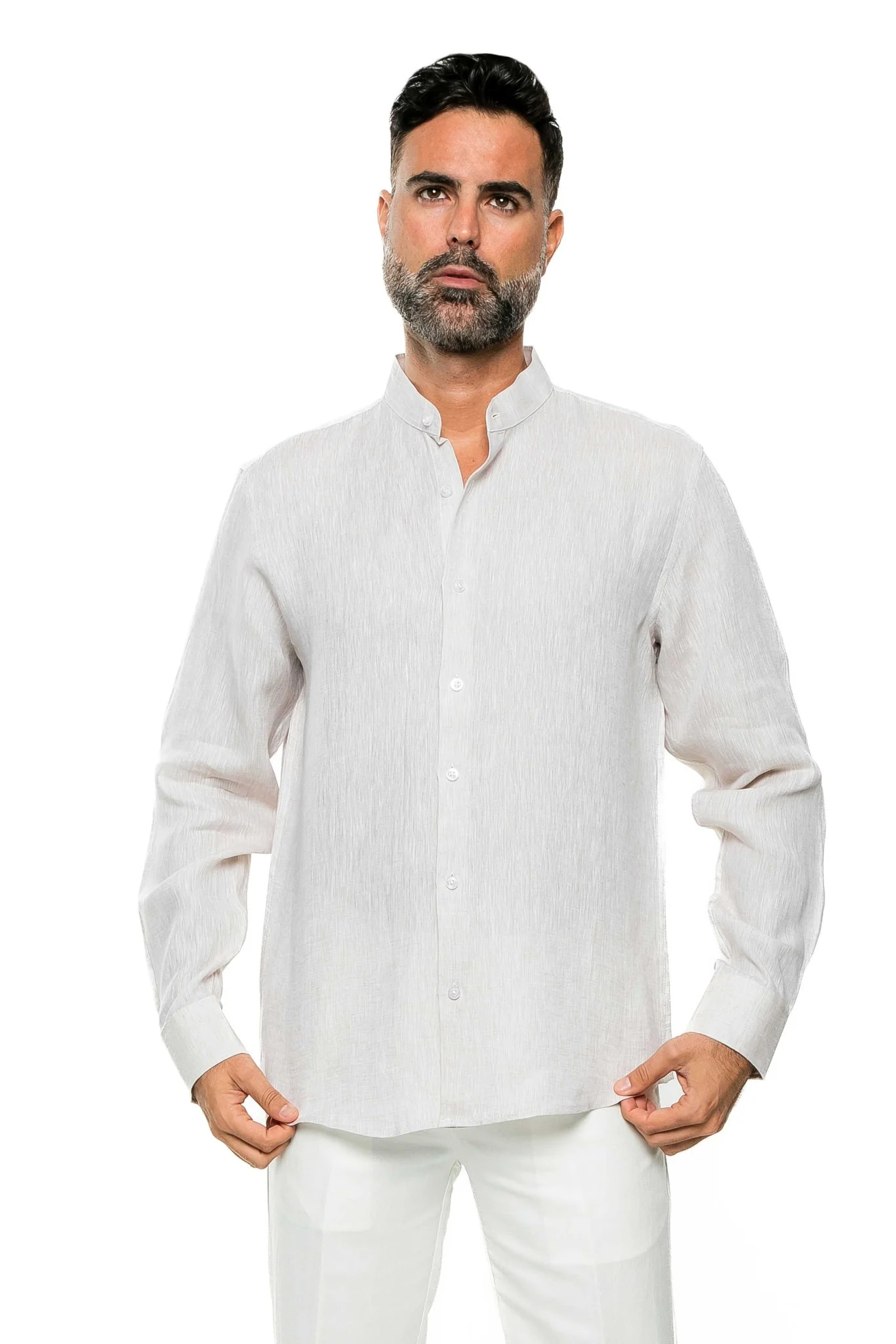 Men's 100% Linen Mandarin Collar Long Sleeve Shirt - Image 3