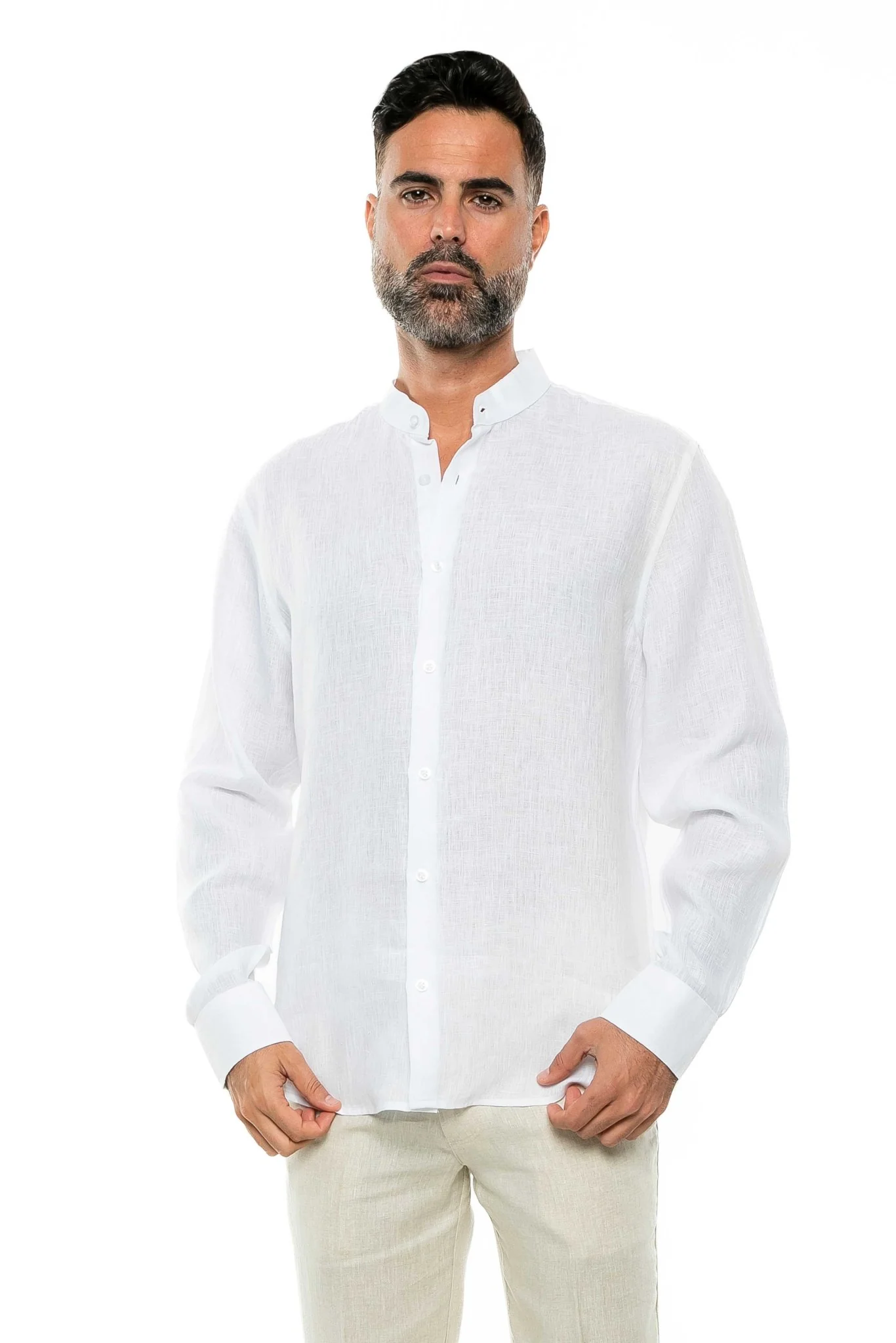 Men's 100% Linen Mandarin Collar Long Sleeve Shirt - Image 4