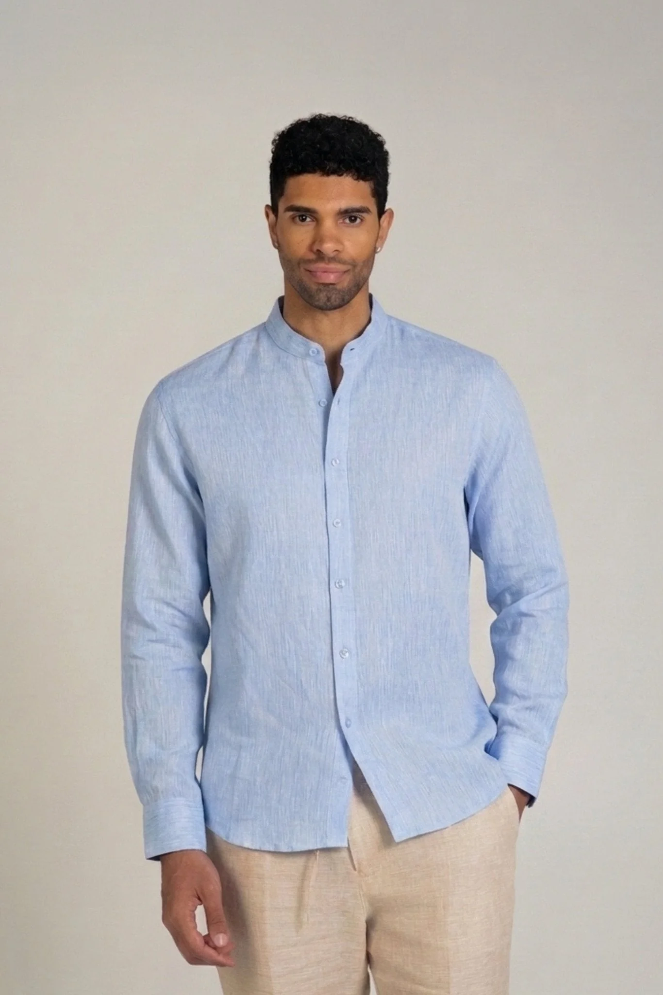 Men's 100% Linen Mandarin Collar Long Sleeve Shirt - Image 45