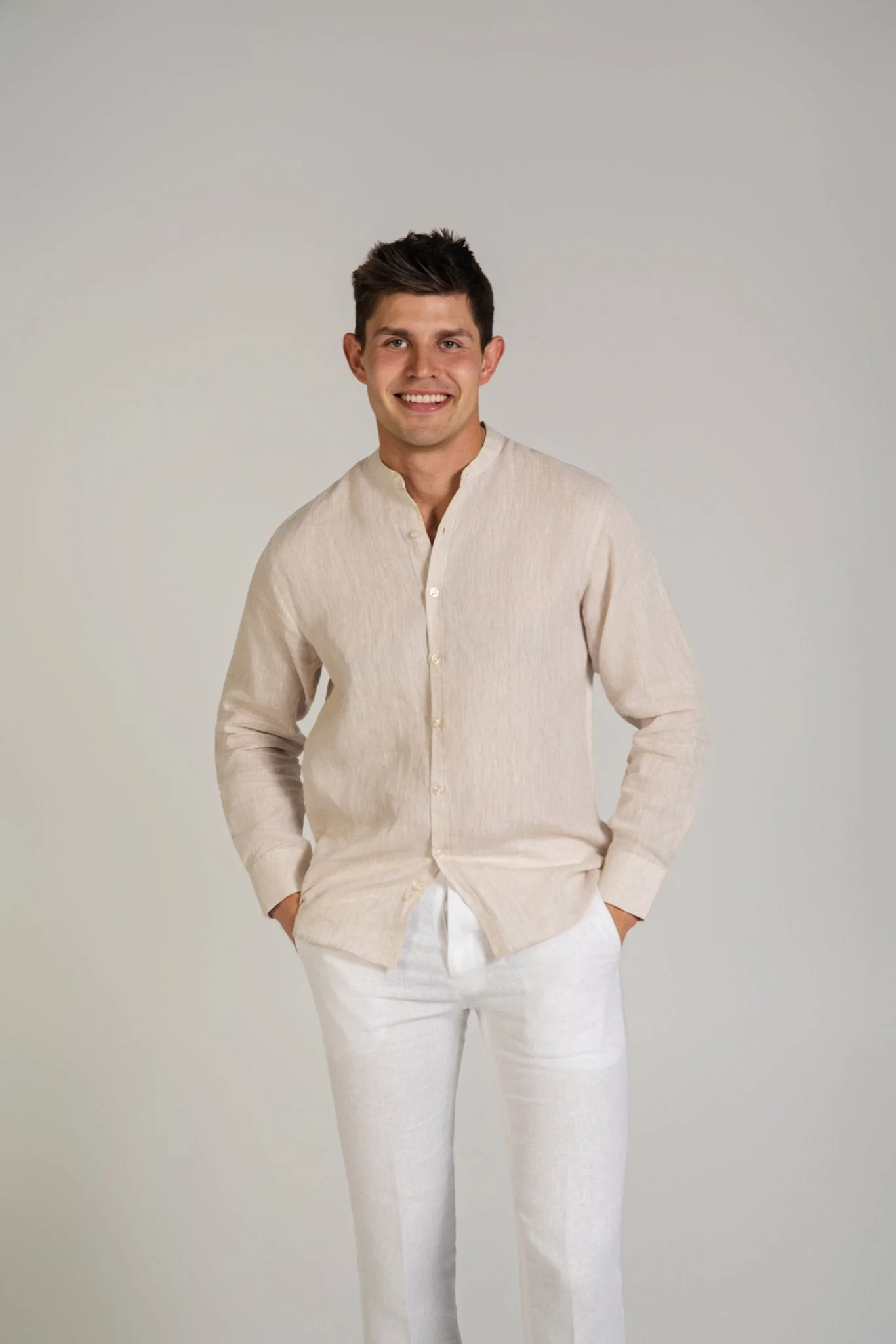 Men's 100% Linen Mandarin Collar Long Sleeve Shirt - Image 49