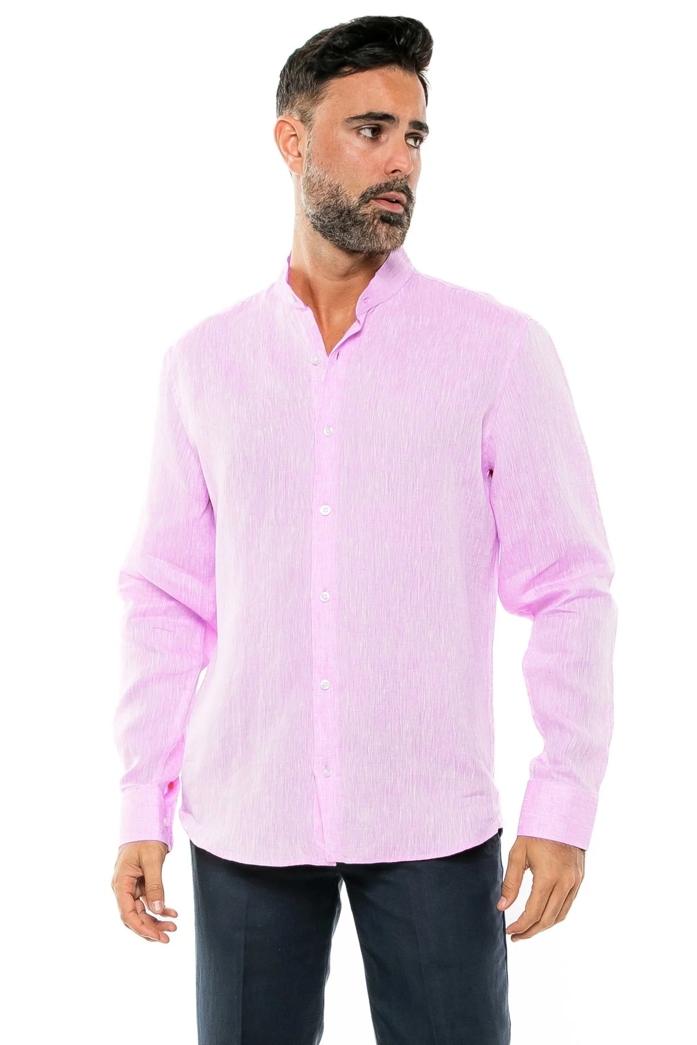 Men's 100% Linen Mandarin Collar Long Sleeve Shirt - Image 5