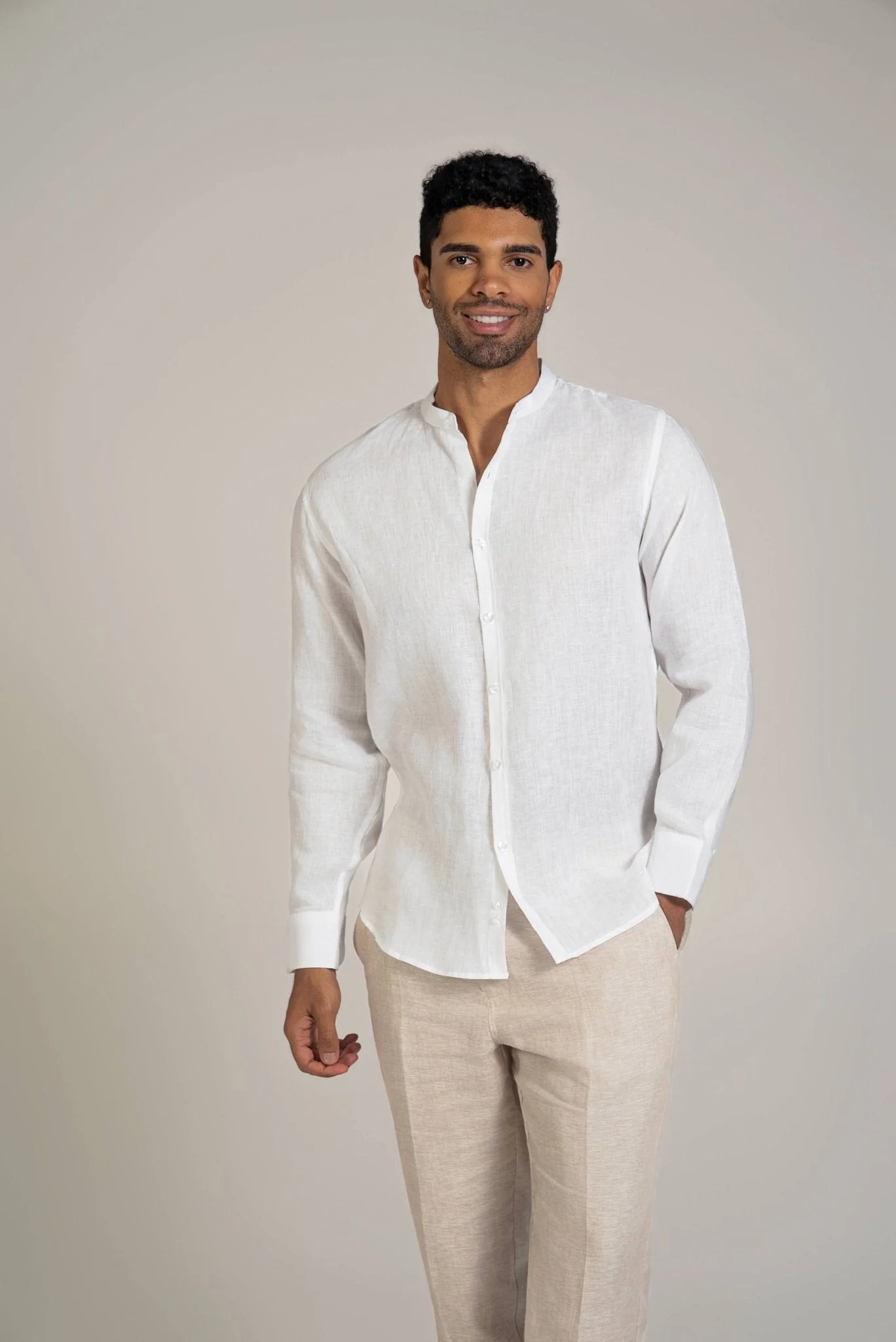 Men's 100% Linen Mandarin Collar Long Sleeve Shirt - Image 54