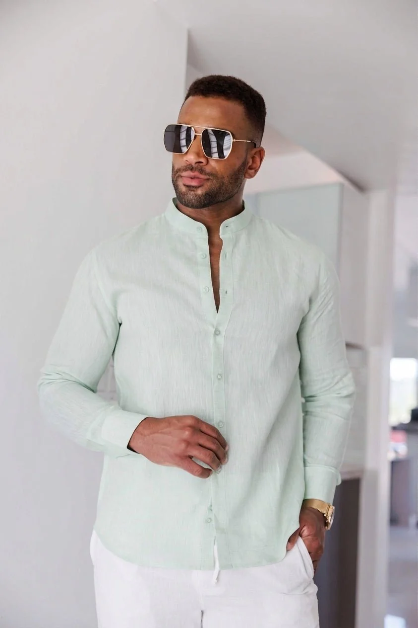 Men's 100% Linen Mandarin Collar Long Sleeve Shirt - Image 58