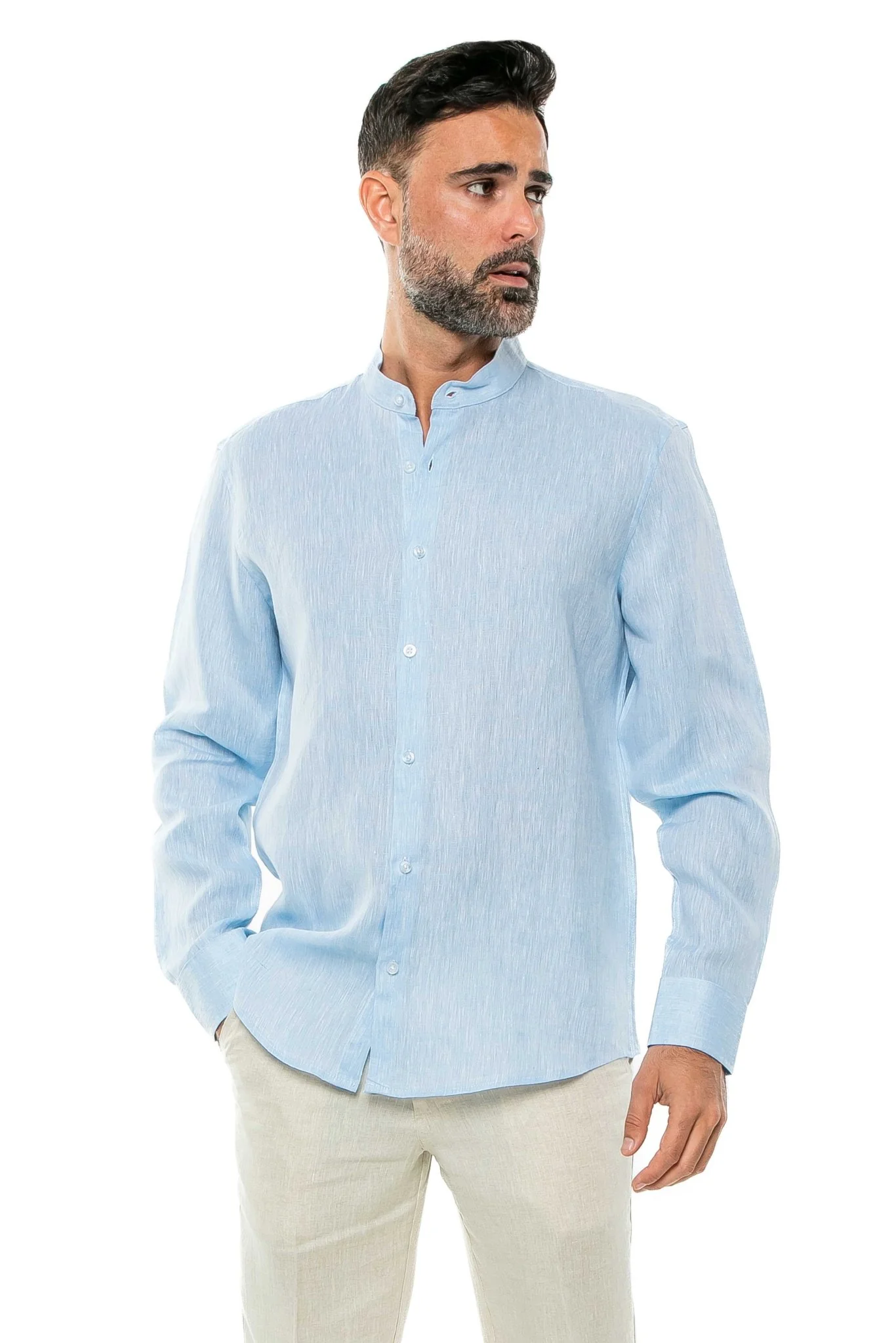 Men's 100% Linen Mandarin Collar Long Sleeve Shirt - Image 6