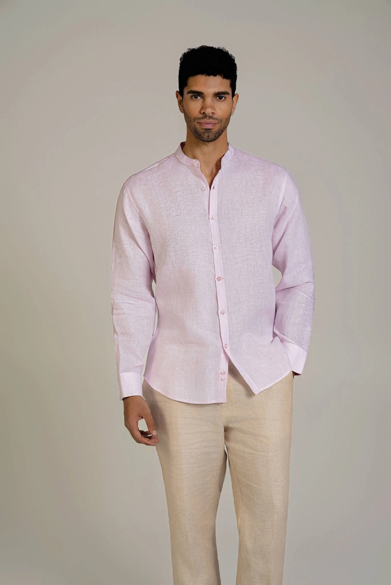 Men's 100% Linen Mandarin Collar Long Sleeve Shirt - Image 62
