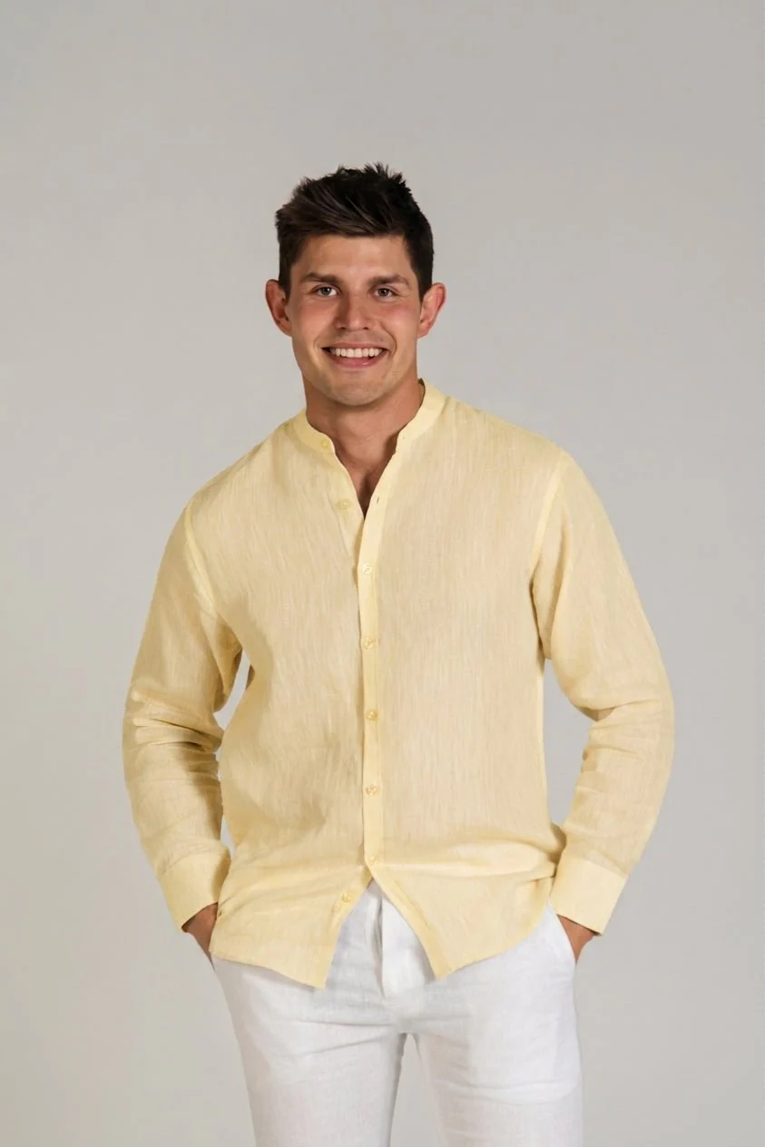 Men's 100% Linen Mandarin Collar Long Sleeve Shirt - Image 65