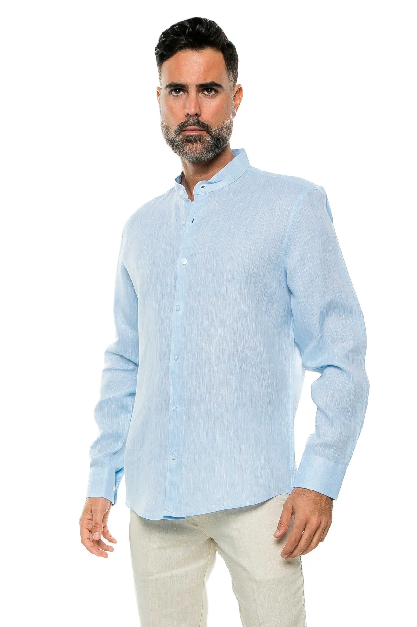 Men's 100% Linen Mandarin Collar Long Sleeve Shirt - Image 7