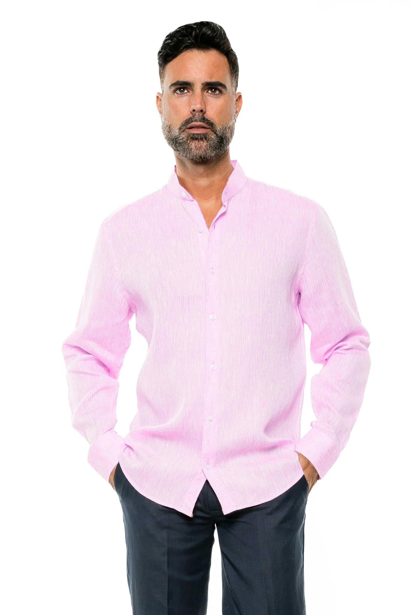 Men's 100% Linen Mandarin Collar Long Sleeve Shirt - Image 8