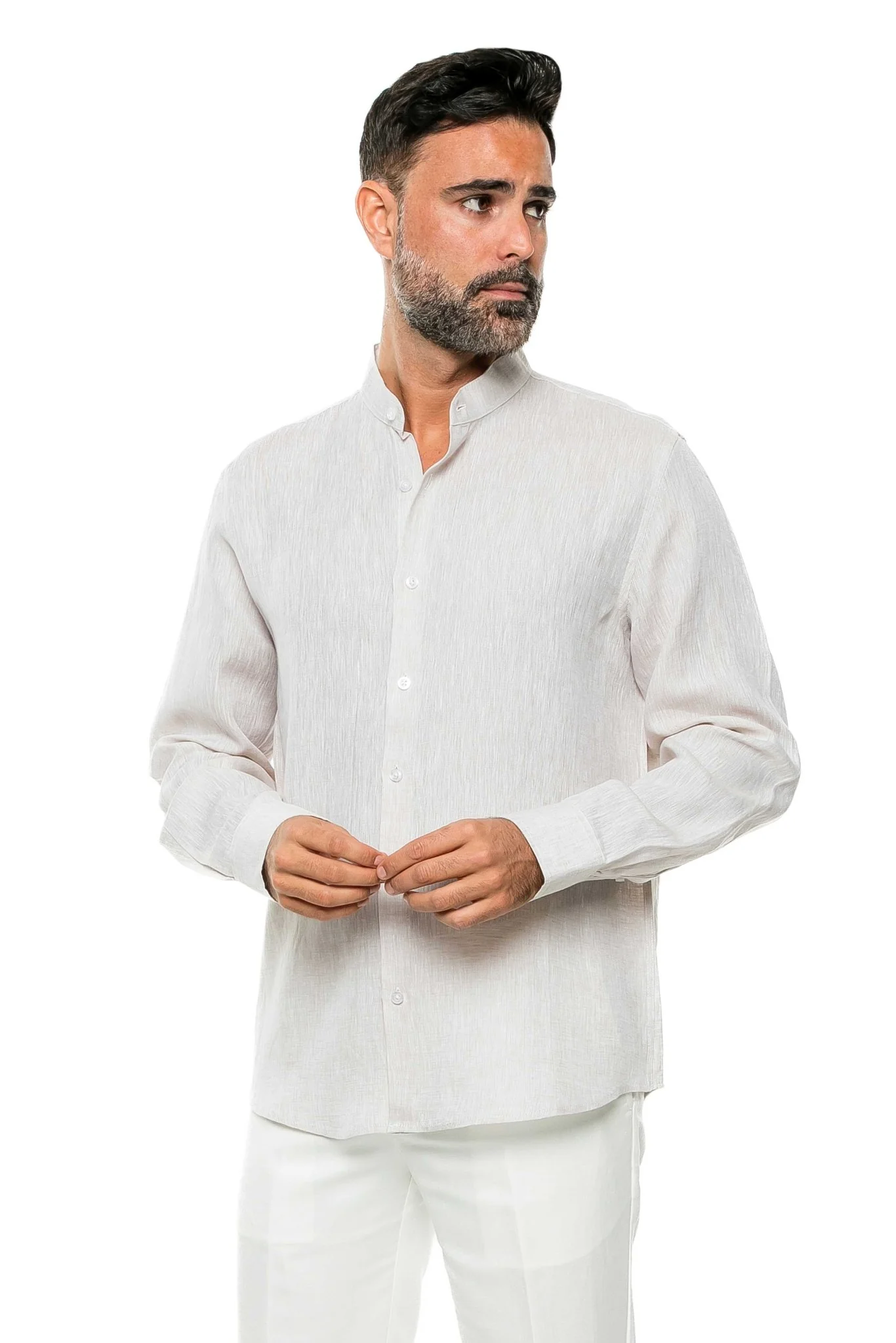 Men's 100% Linen Mandarin Collar Long Sleeve Shirt - Image 9