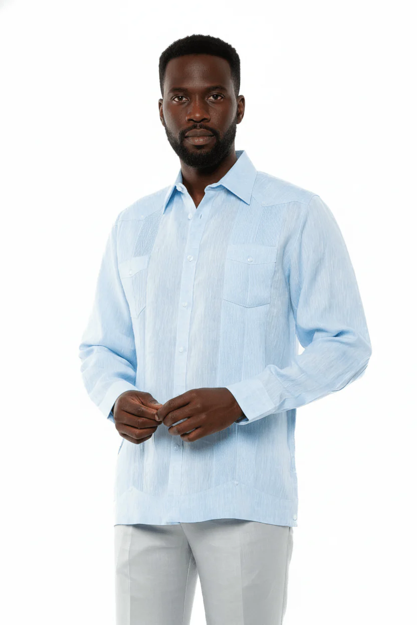 Men's 100% Linen Two-Pocket Design Guayabera Shirt Long Sleeve