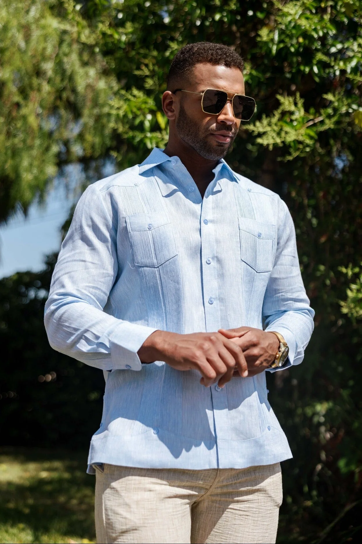 Men's 100% Linen Two-Pocket Design Guayabera Shirt Long Sleeve - Image 10