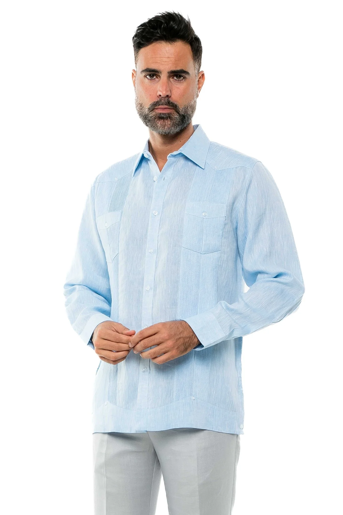 Men's 100% Linen Two-Pocket Design Guayabera Shirt Long Sleeve - Image 14