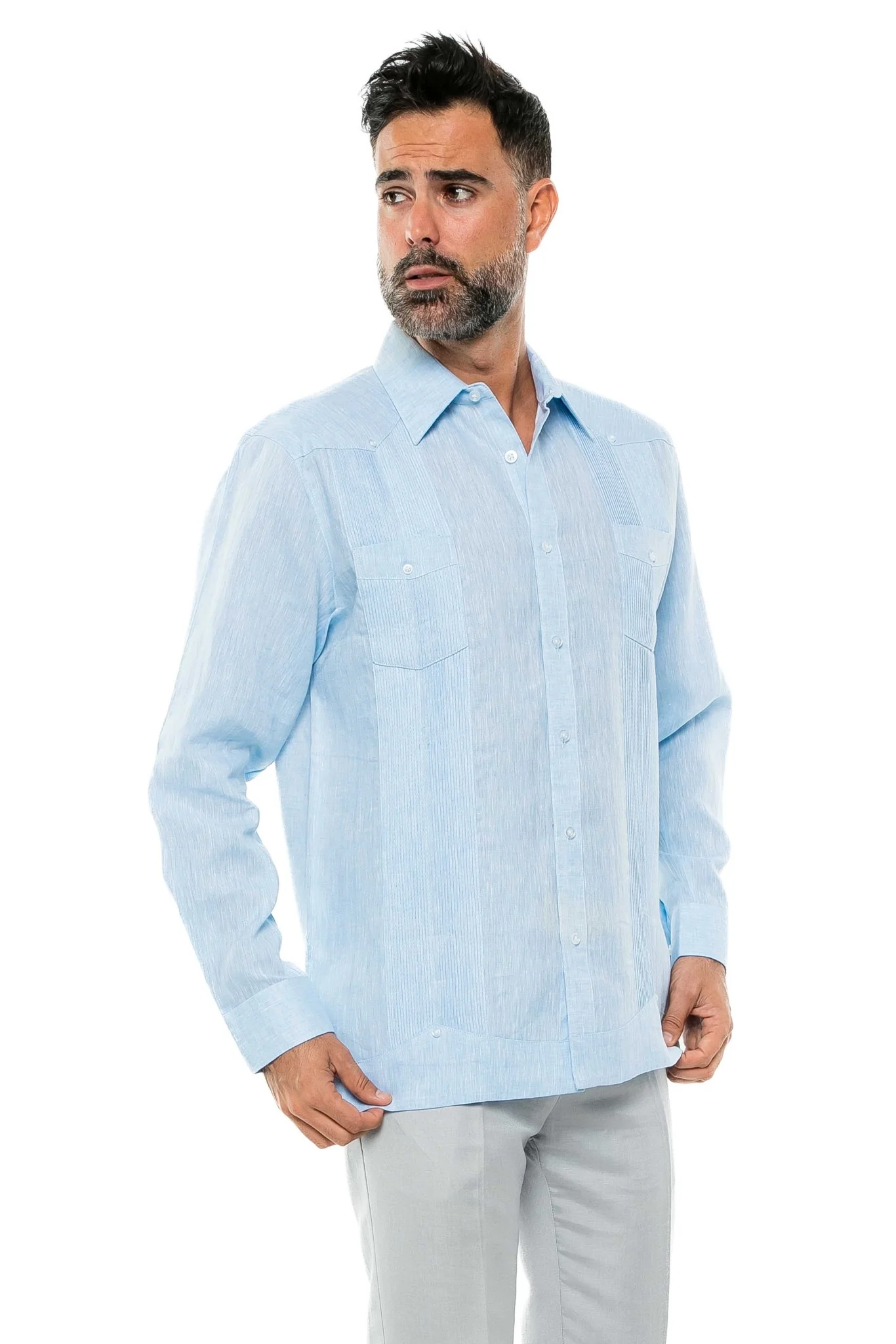 Men's 100% Linen Two-Pocket Design Guayabera Shirt Long Sleeve - Image 17