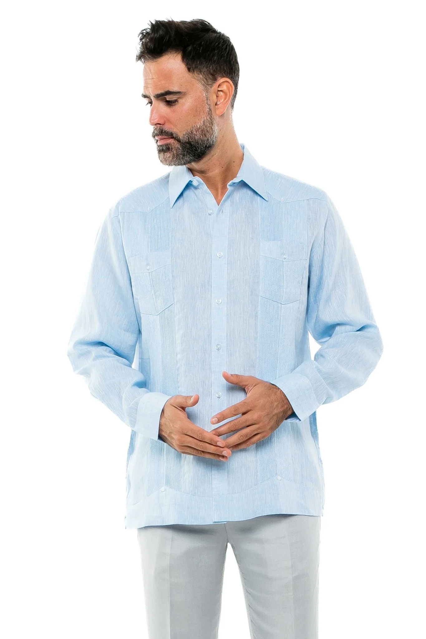 Men's 100% Linen Two-Pocket Design Guayabera Shirt Long Sleeve - Image 18