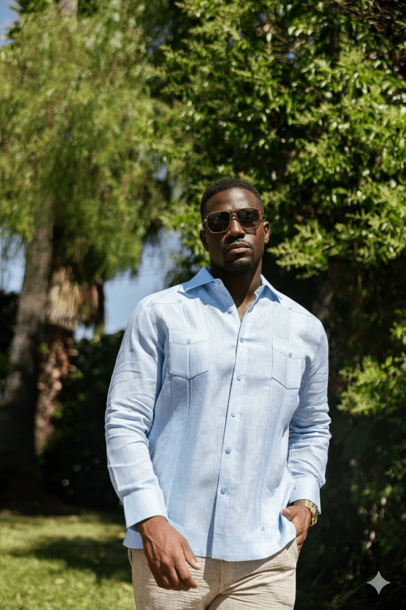 Men's 100% Linen Two-Pocket Design Guayabera Shirt Long Sleeve - Image 2