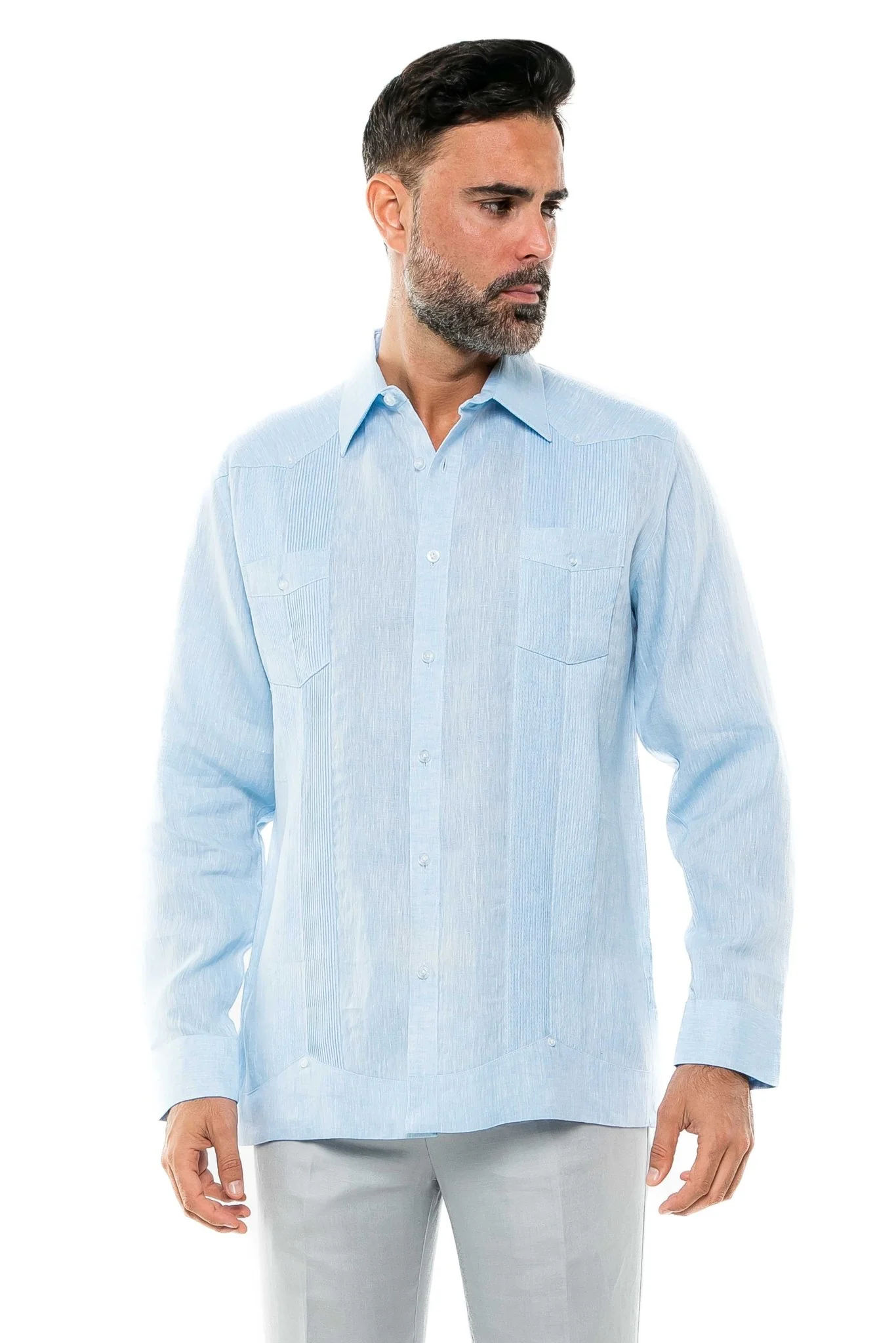 Men's 100% Linen Two-Pocket Design Guayabera Shirt Long Sleeve - Image 20