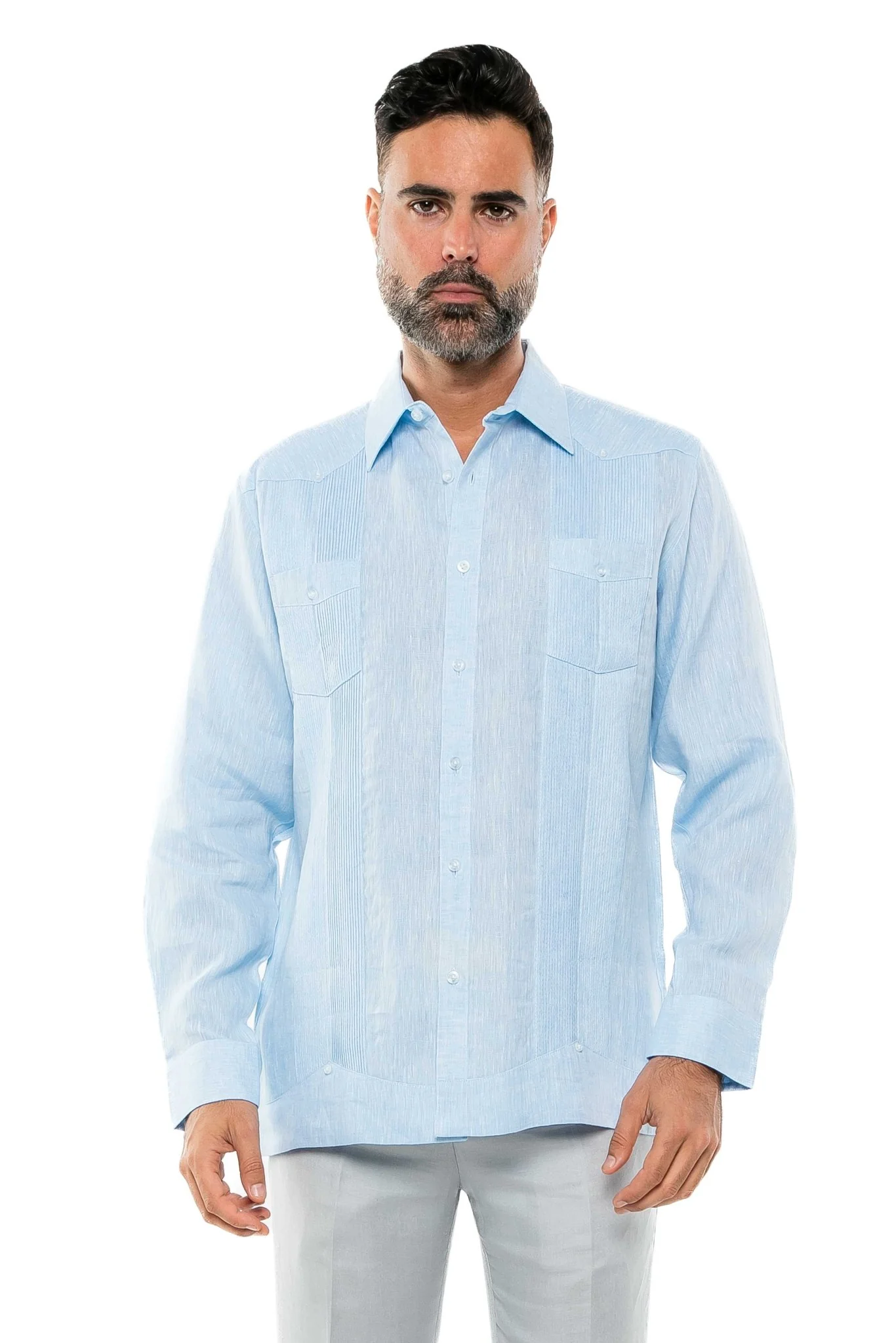 Men's 100% Linen Two-Pocket Design Guayabera Shirt Long Sleeve - Image 21