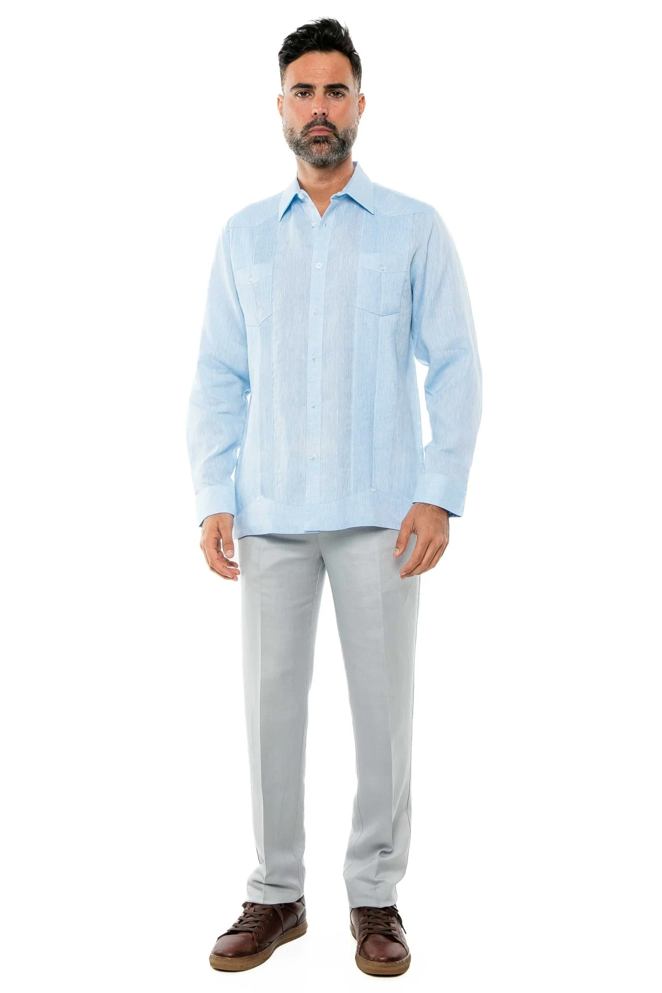 Men's 100% Linen Two-Pocket Design Guayabera Shirt Long Sleeve - Image 22