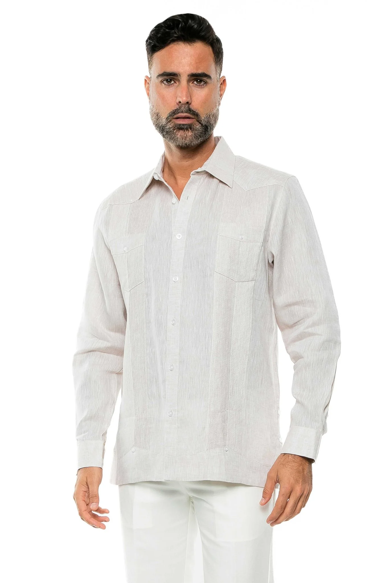 Men's 100% Linen Two-Pocket Design Guayabera Shirt Long Sleeve - Image 24