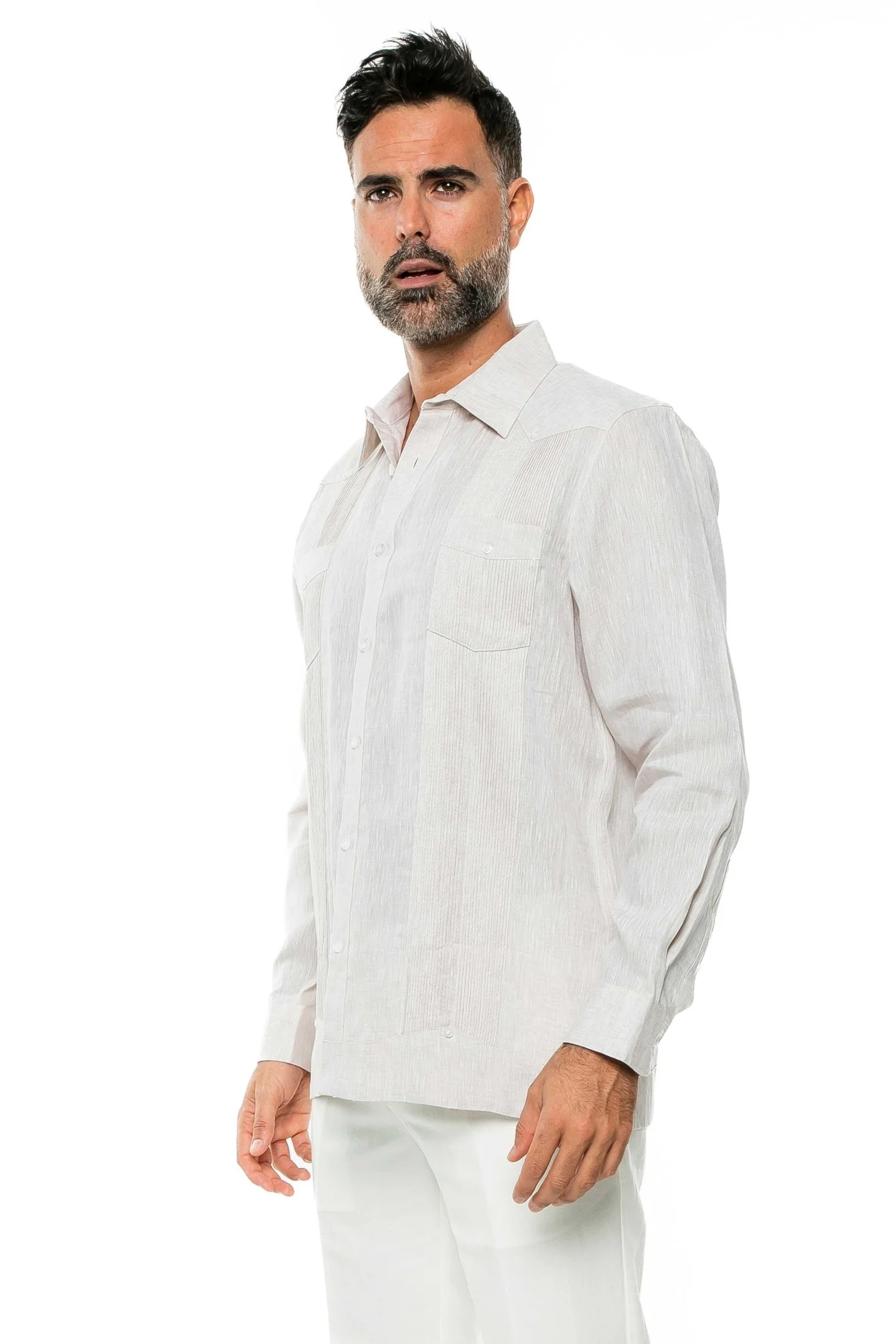 Men's 100% Linen Two-Pocket Design Guayabera Shirt Long Sleeve - Image 25