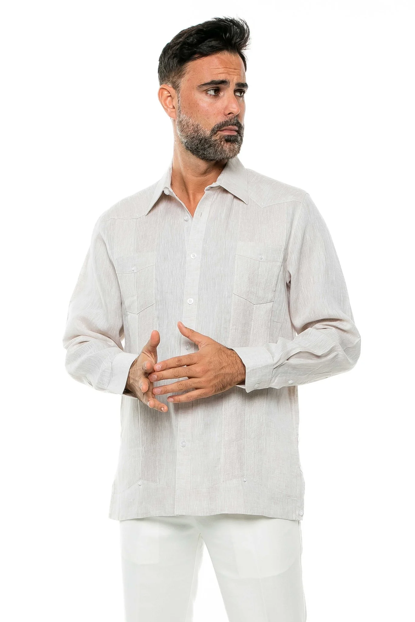 Men's 100% Linen Two-Pocket Design Guayabera Shirt Long Sleeve - Image 29
