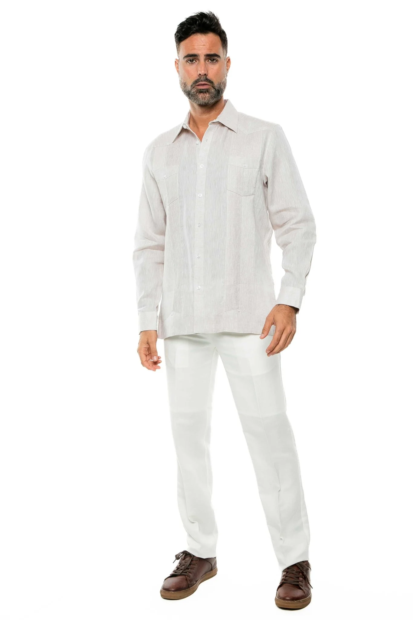 Men's 100% Linen Two-Pocket Design Guayabera Shirt Long Sleeve - Image 31