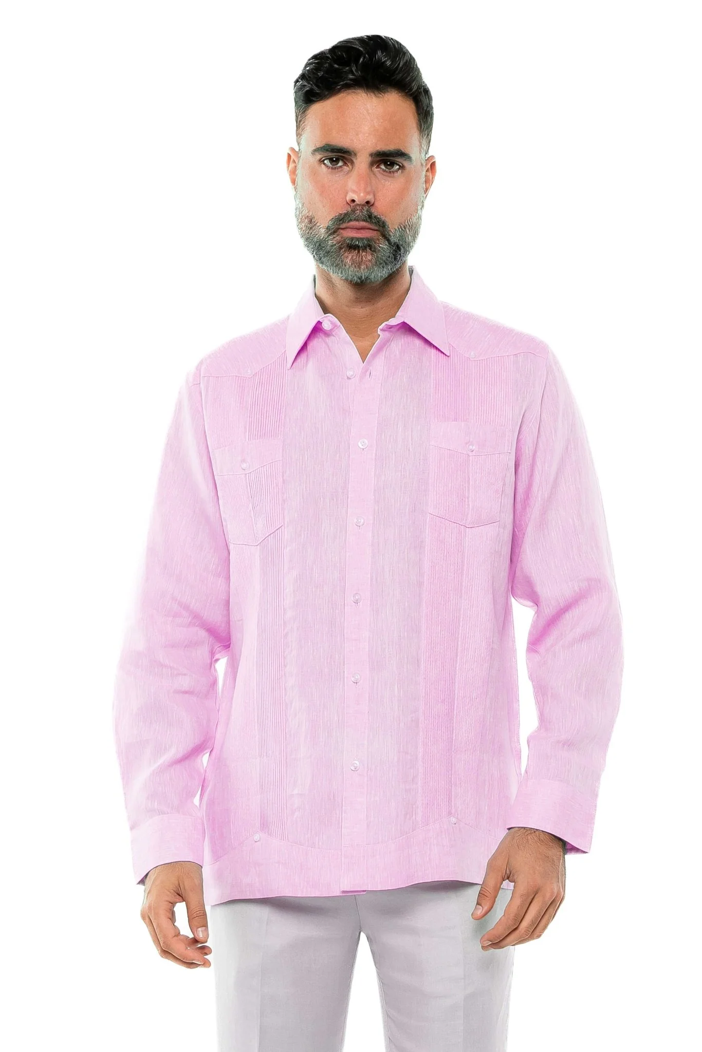 Men's 100% Linen Two-Pocket Design Guayabera Shirt Long Sleeve - Image 32