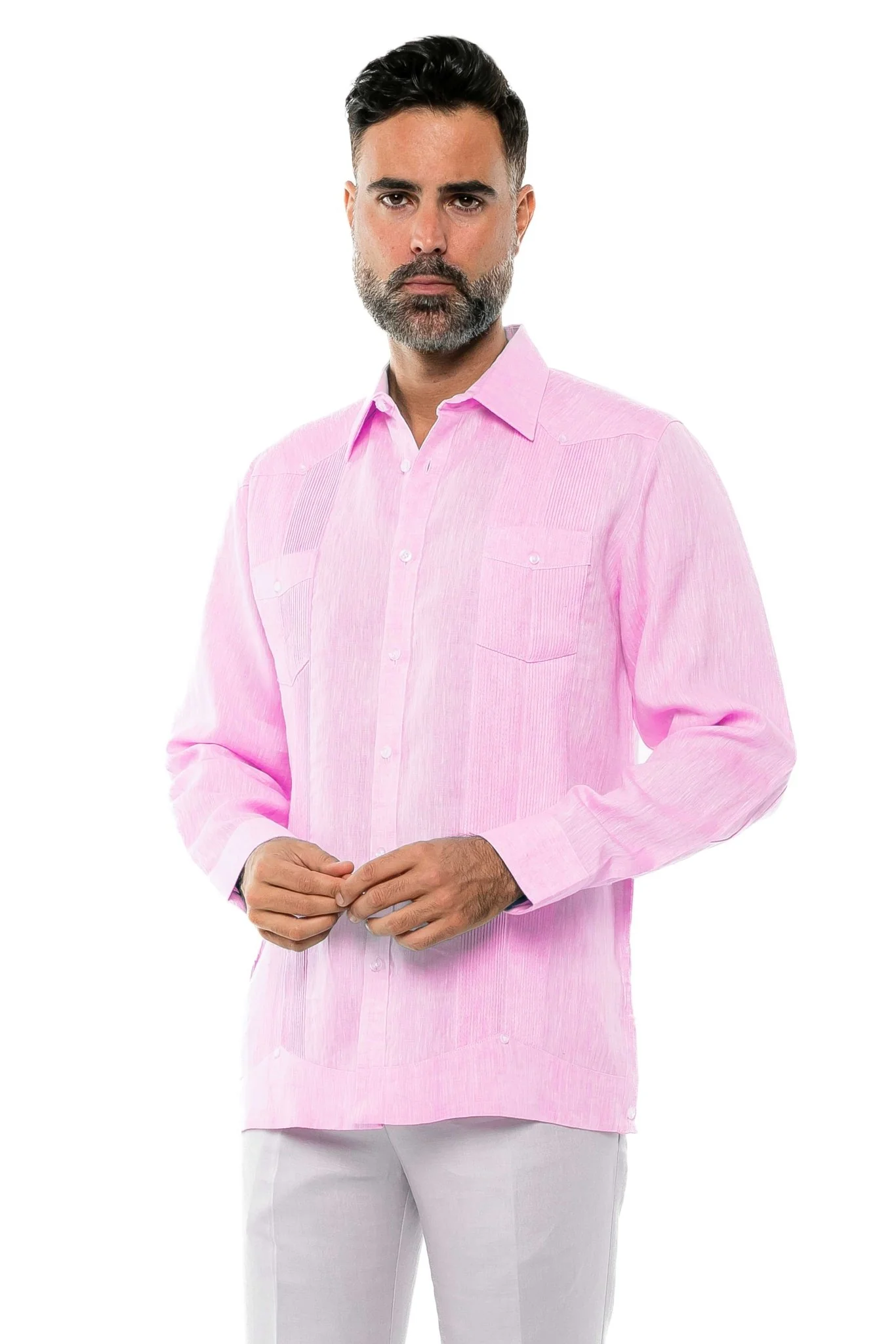 Men's 100% Linen Two-Pocket Design Guayabera Shirt Long Sleeve - Image 33