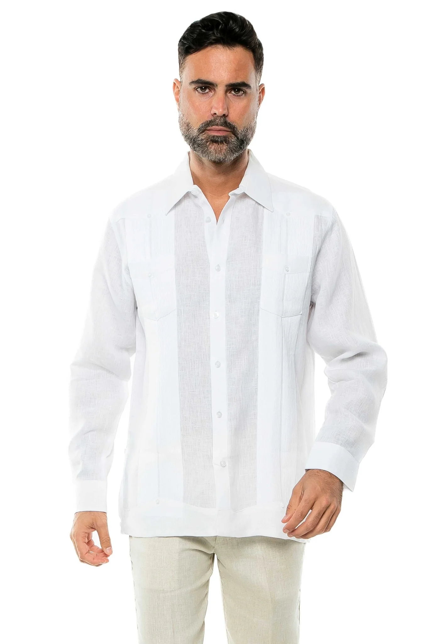 Men's 100% Linen Two-Pocket Design Guayabera Shirt Long Sleeve - Image 35
