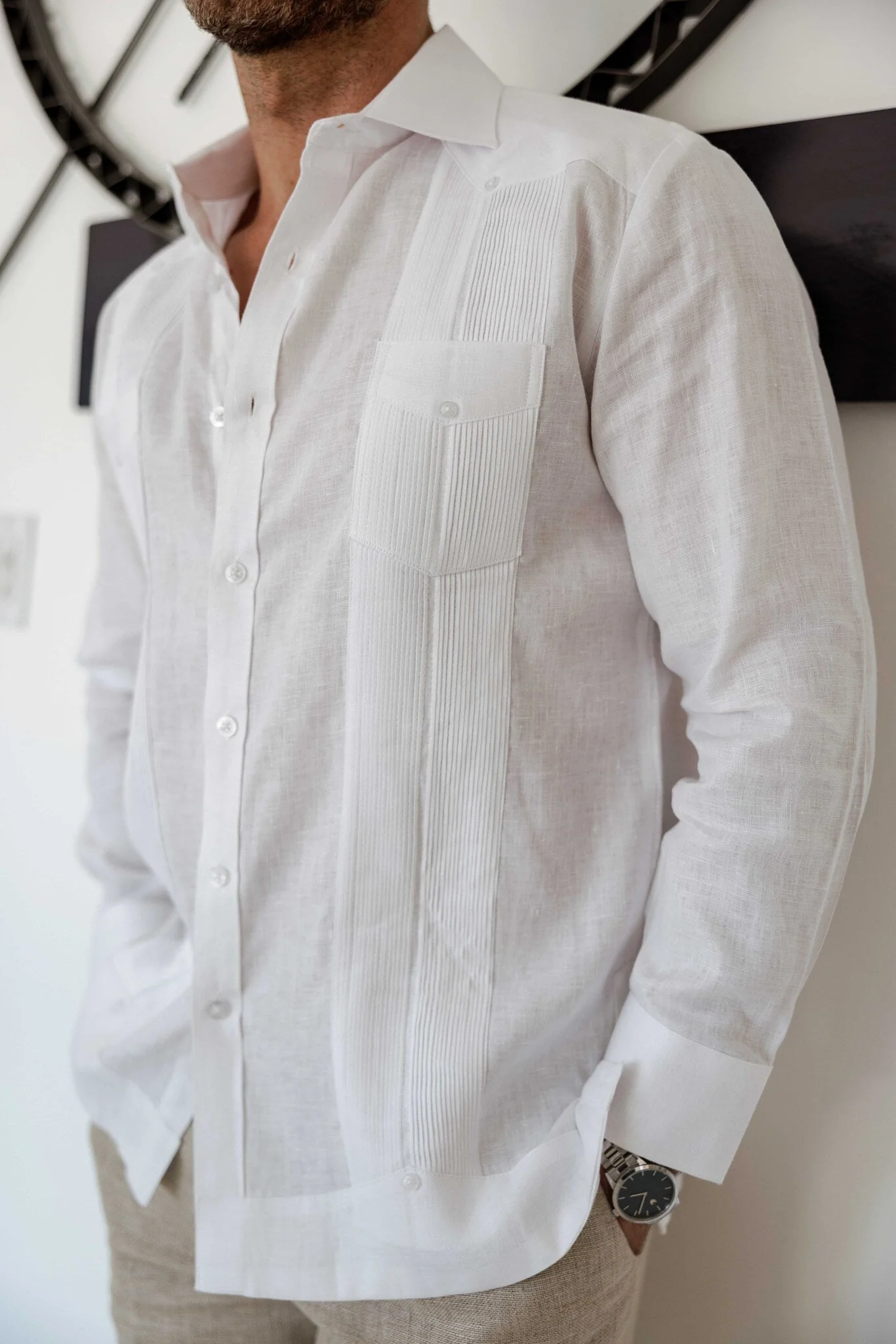 Men's 100% Linen Two-Pocket Design Guayabera Shirt Long Sleeve - Image 37