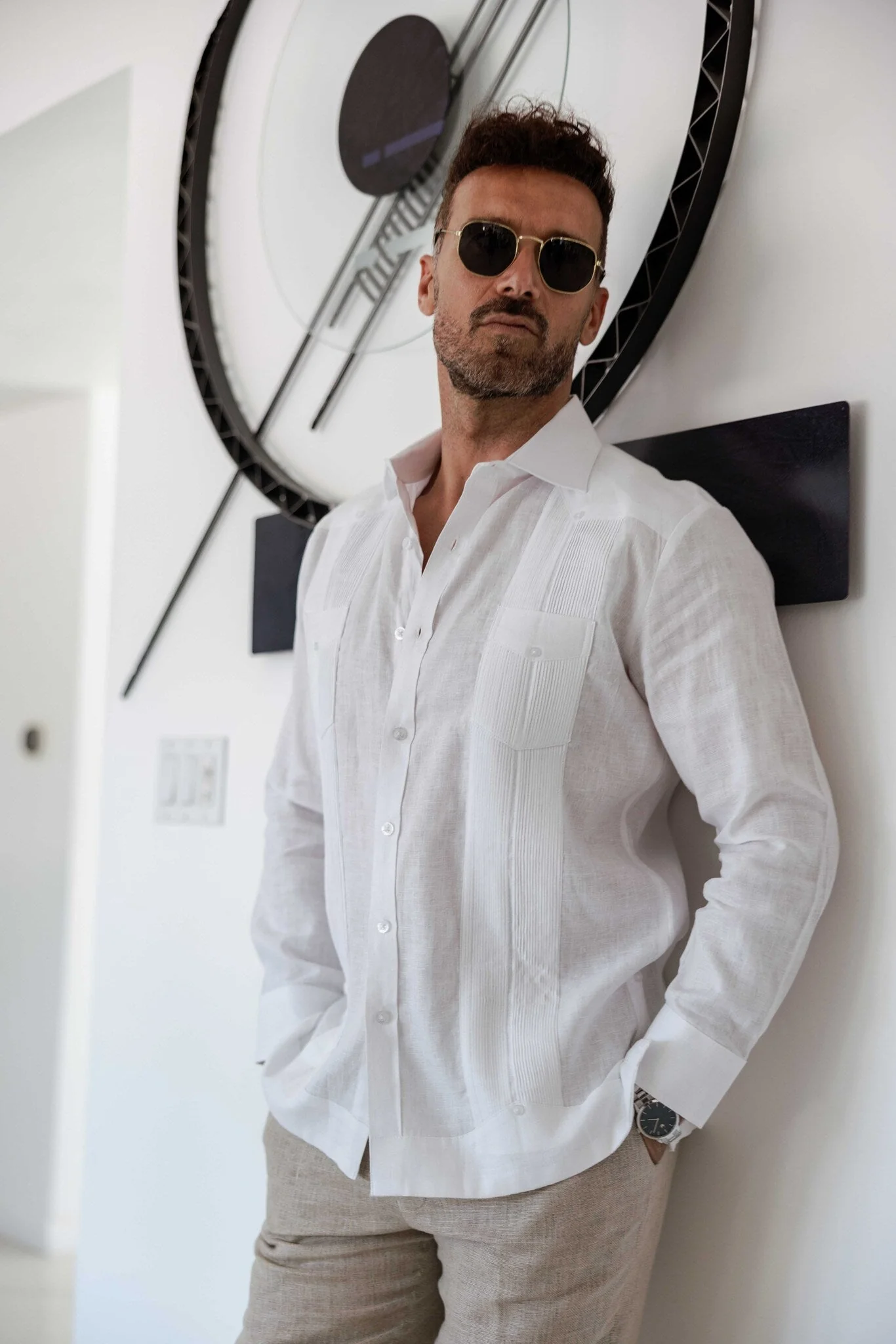 Men's 100% Linen Two-Pocket Design Guayabera Shirt Long Sleeve - Image 38