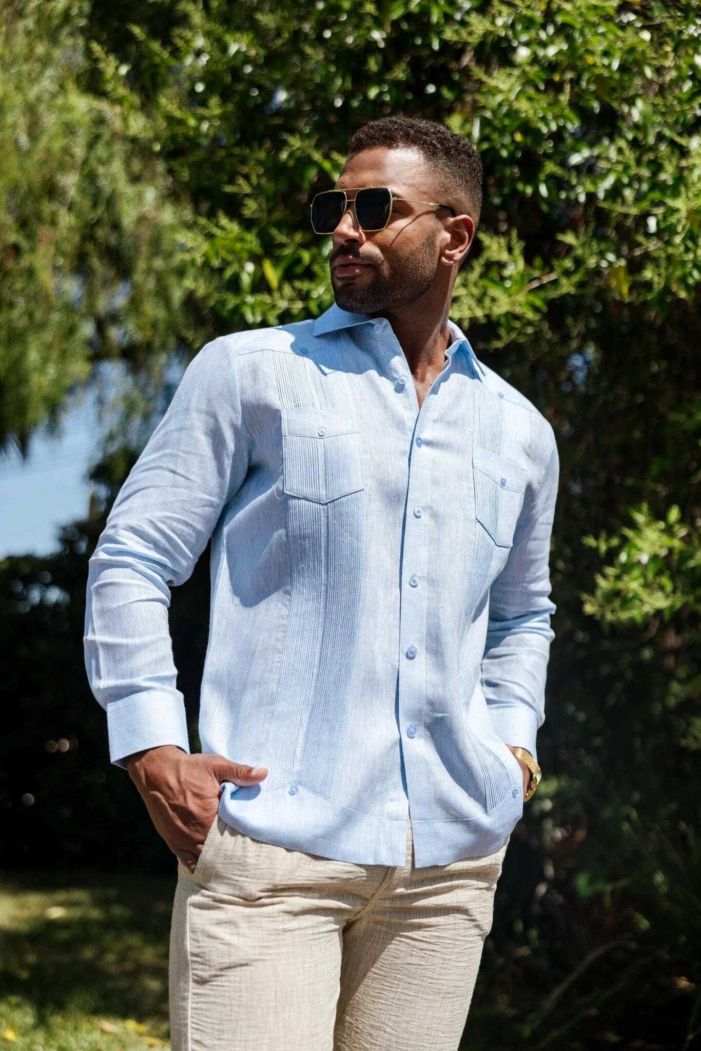 Men's 100% Linen Two-Pocket Design Guayabera Shirt Long Sleeve - Image 4