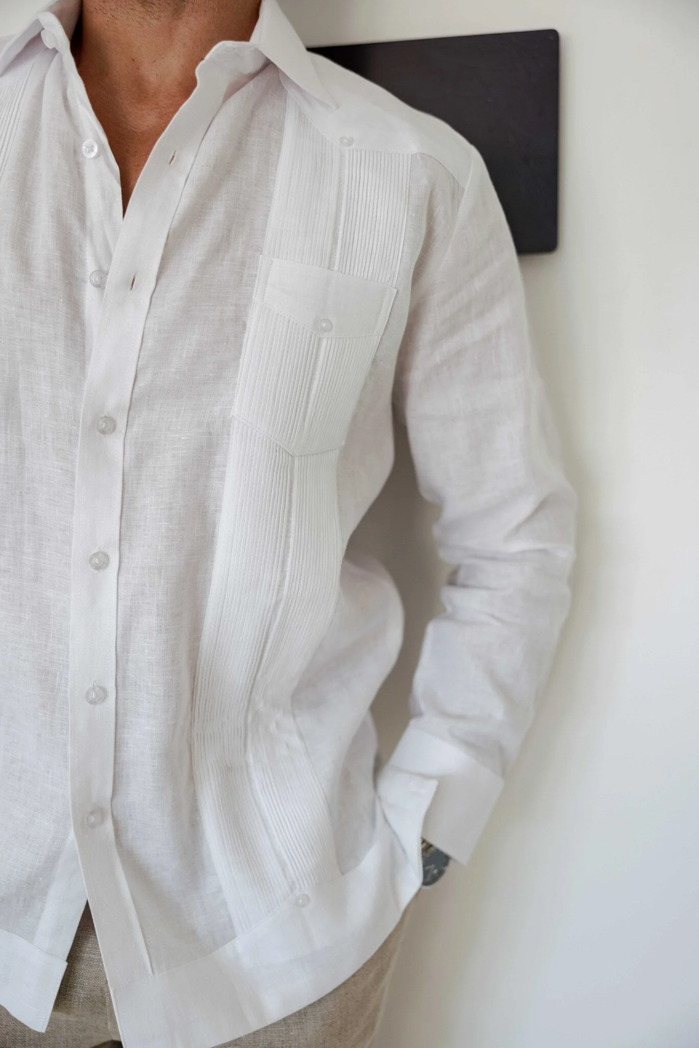 Men's 100% Linen Two-Pocket Design Guayabera Shirt Long Sleeve - Image 40