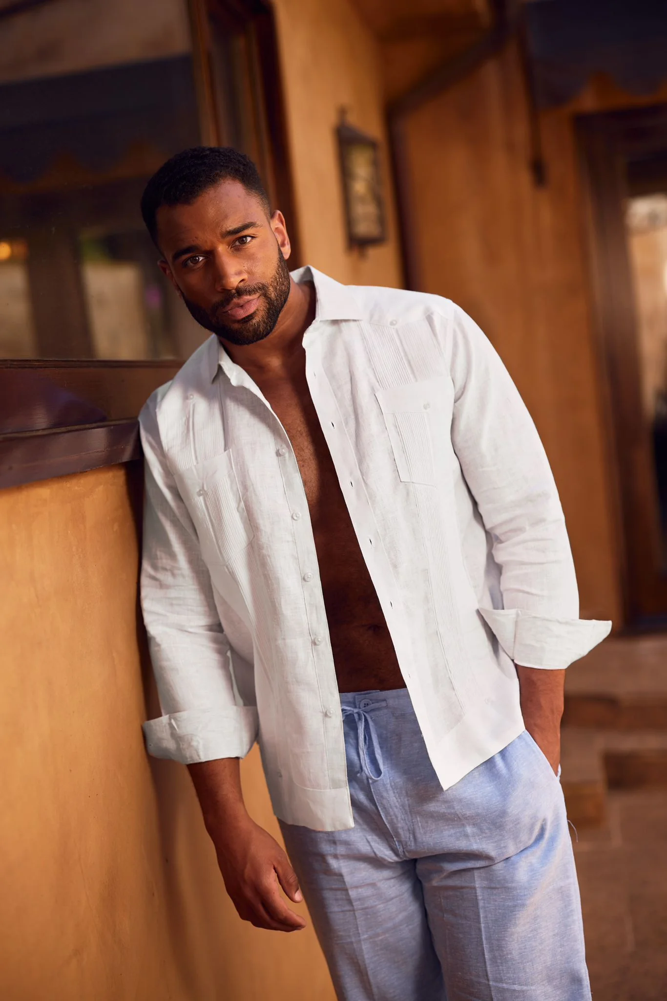Men's 100% Linen Two-Pocket Design Guayabera Shirt Long Sleeve - Image 46
