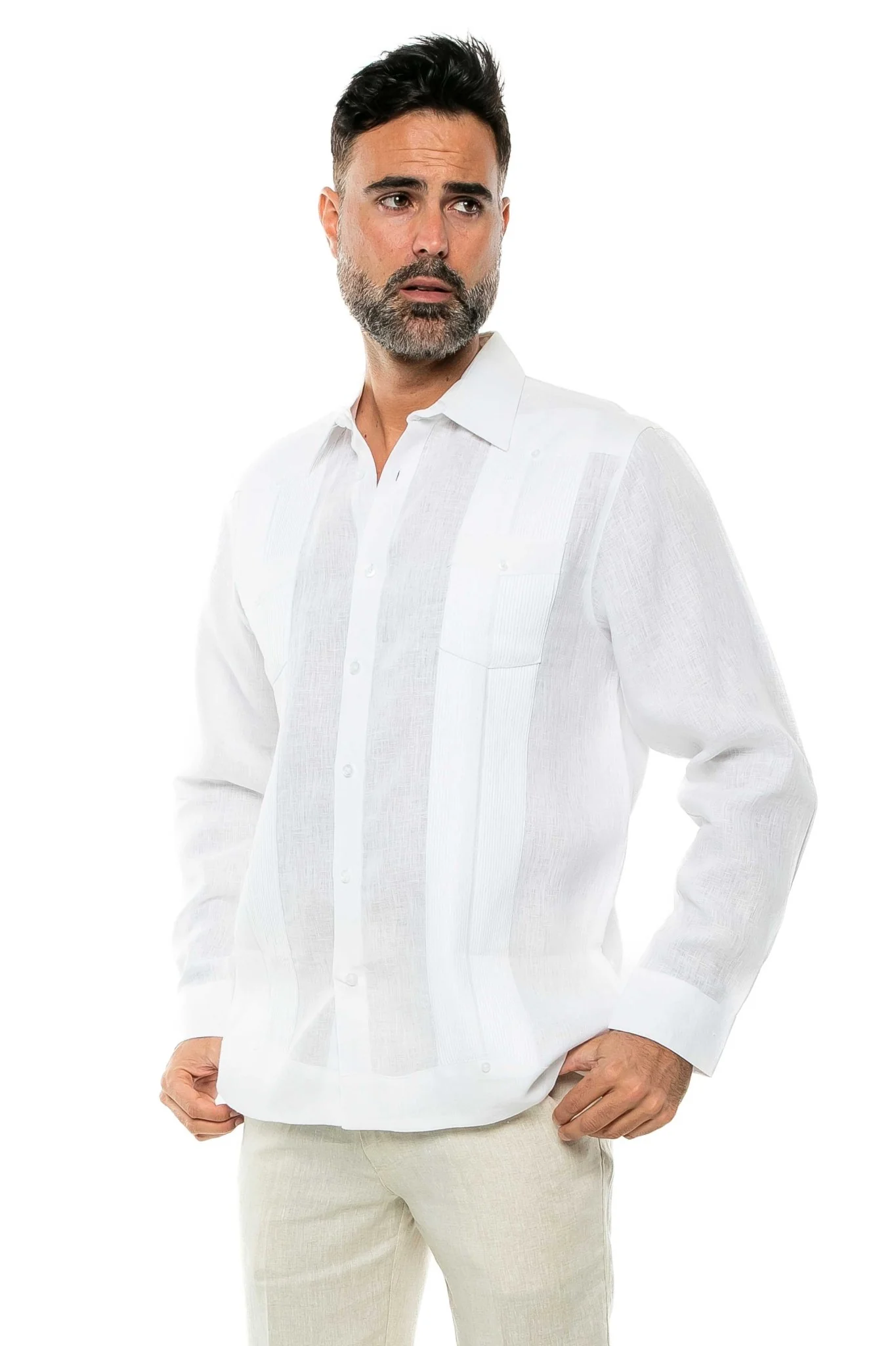 Men's 100% Linen Two-Pocket Design Guayabera Shirt Long Sleeve - Image 48