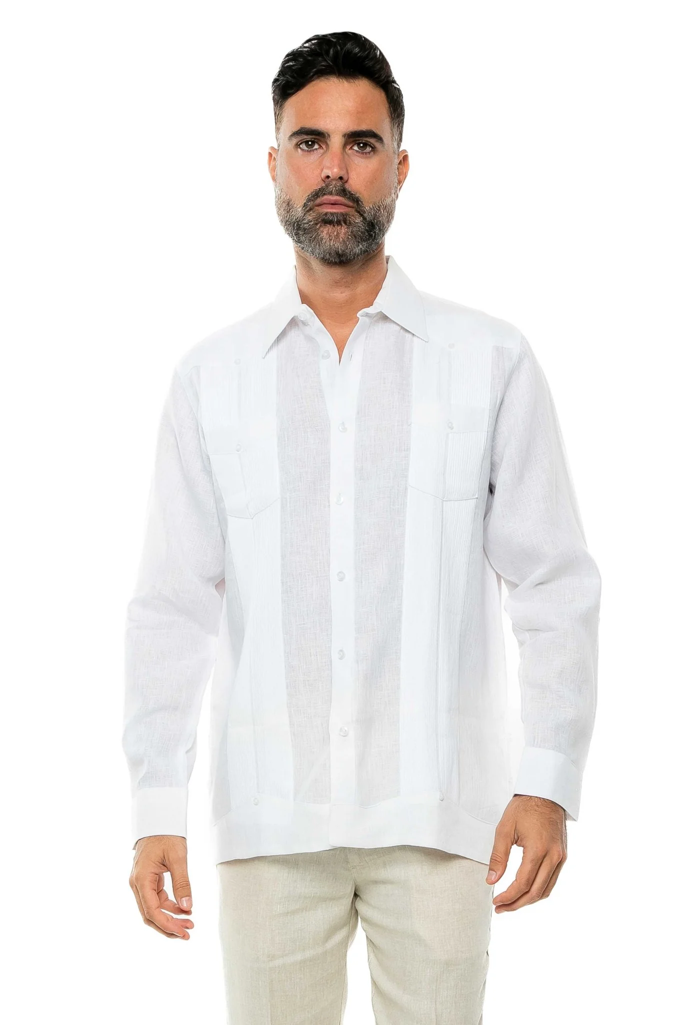 Men's 100% Linen Two-Pocket Design Guayabera Shirt Long Sleeve - Image 49