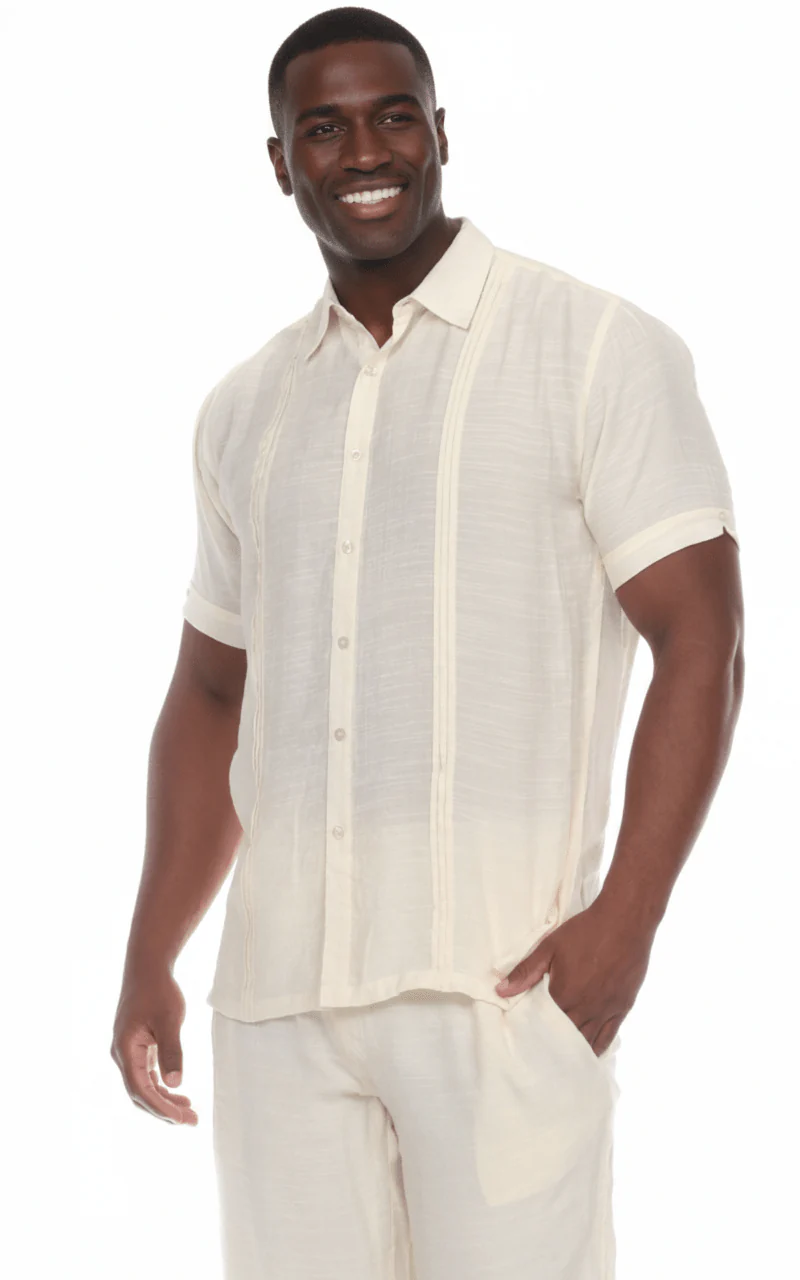 Men's Beachwear Button Down Short Sleeve Shirt with Pintuck Pleats