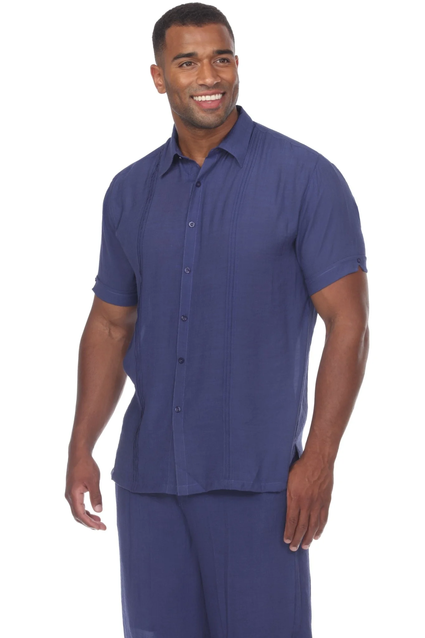Men's Beachwear Button Down Short Sleeve Shirt with Pintuck Pleats - Image 10