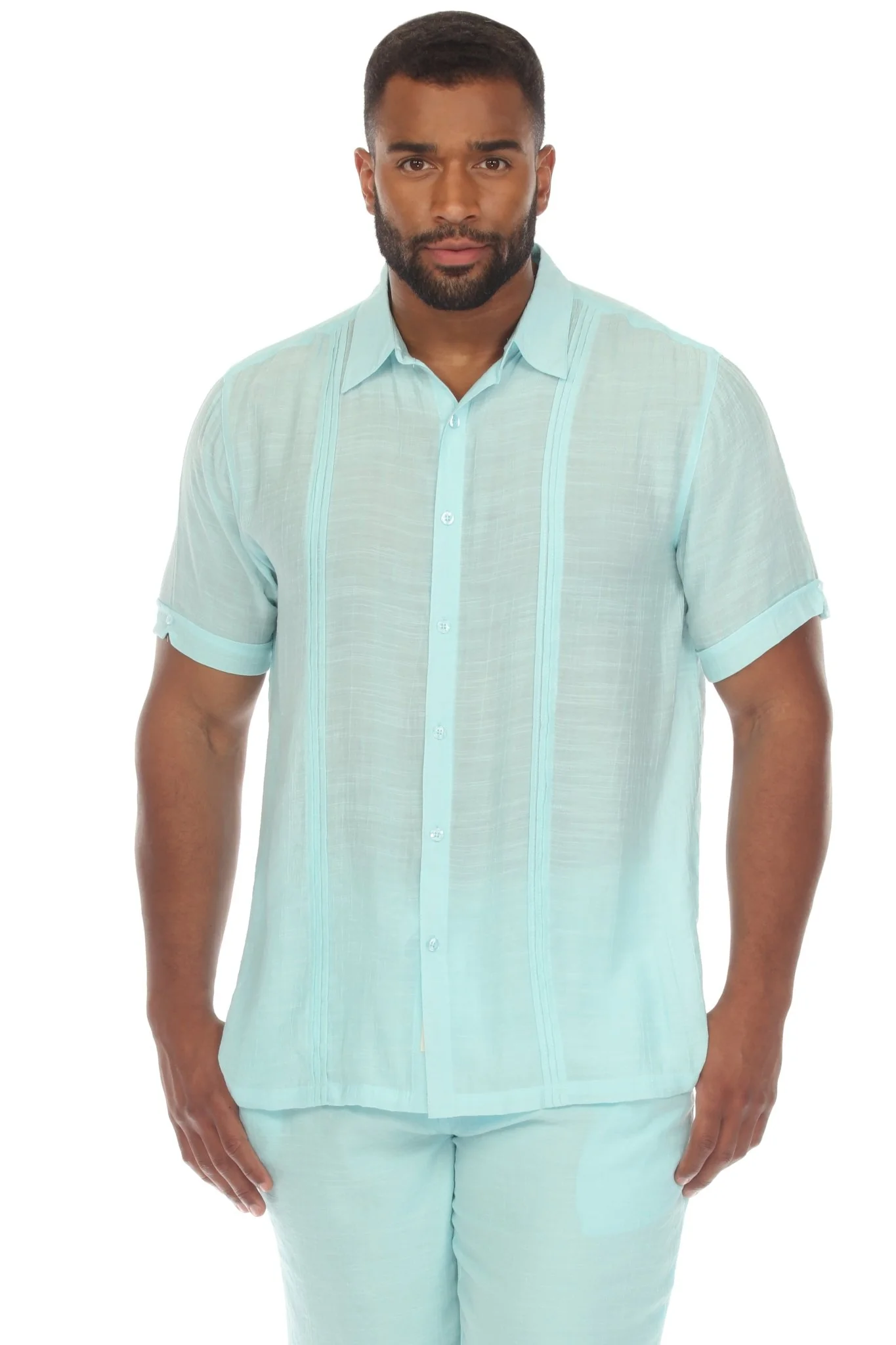 Men's Beachwear Button Down Short Sleeve Shirt with Pintuck Pleats - Image 11