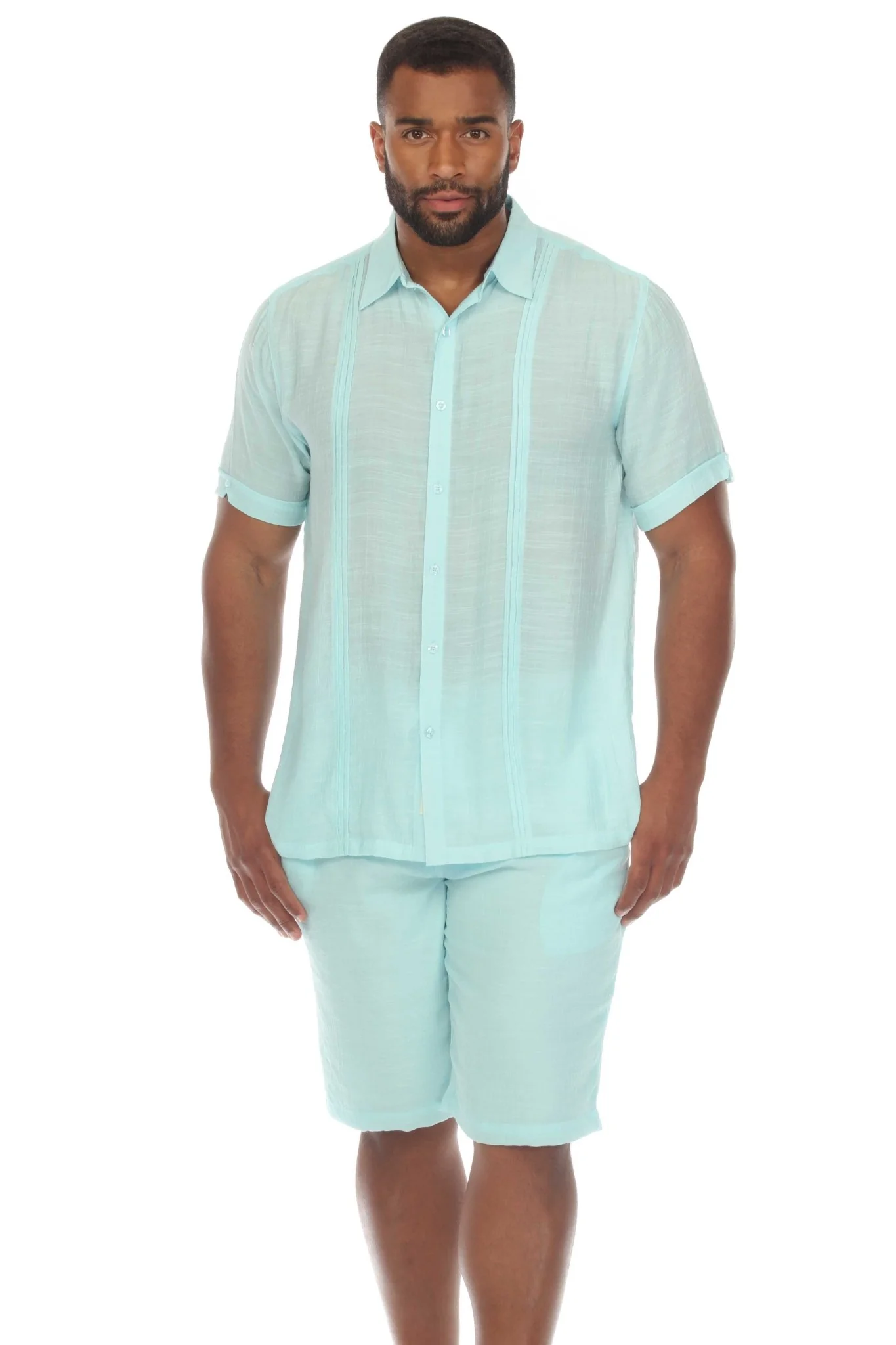 Men's Beachwear Button Down Short Sleeve Shirt with Pintuck Pleats - Image 12