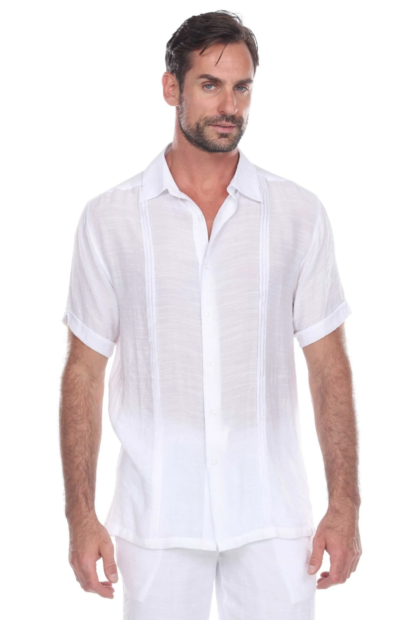 Men's Beachwear Button Down Short Sleeve Shirt with Pintuck Pleats - Image 13